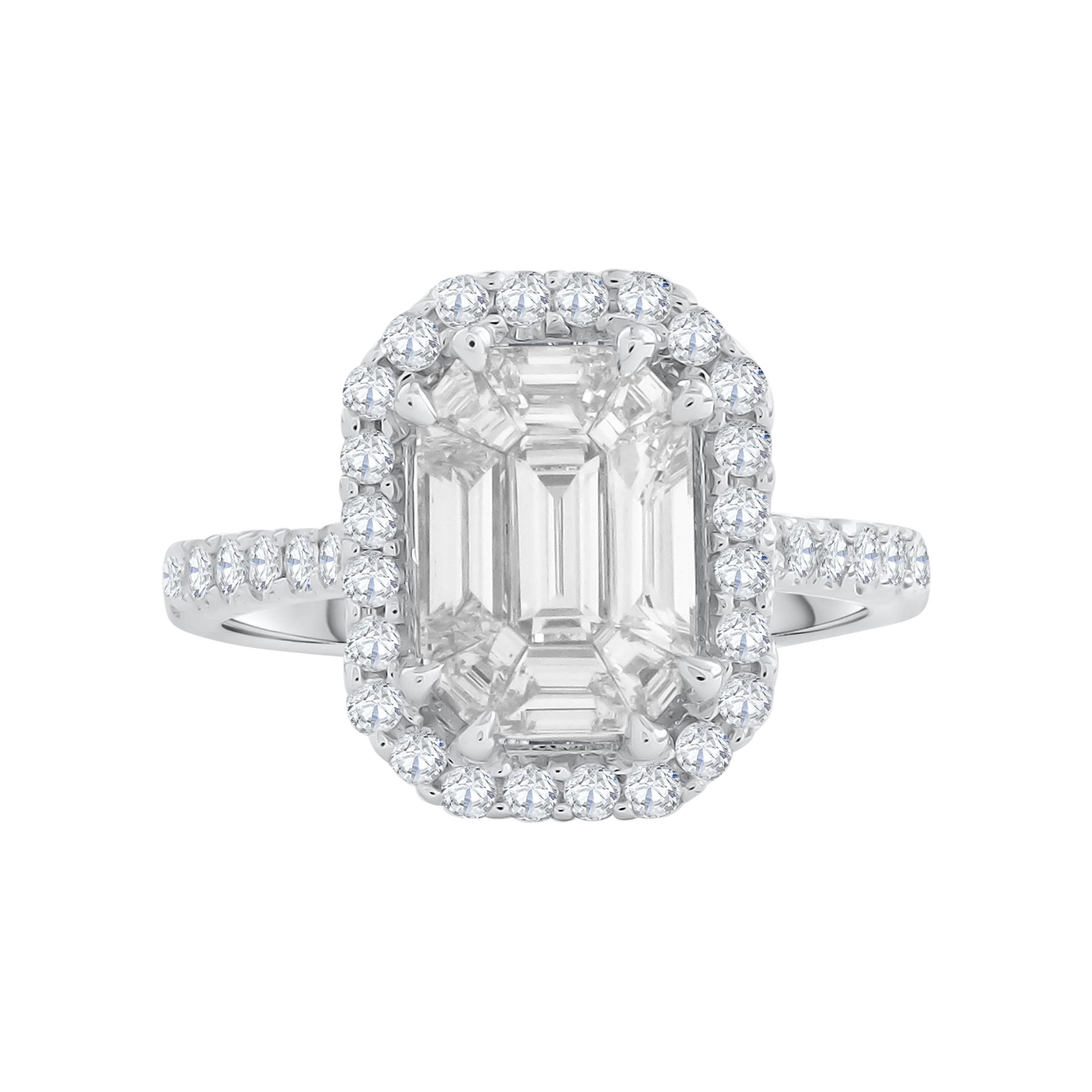 18 Karat White Gold Emerald Cut Brilliant Diamond Engagement Ring For Sale