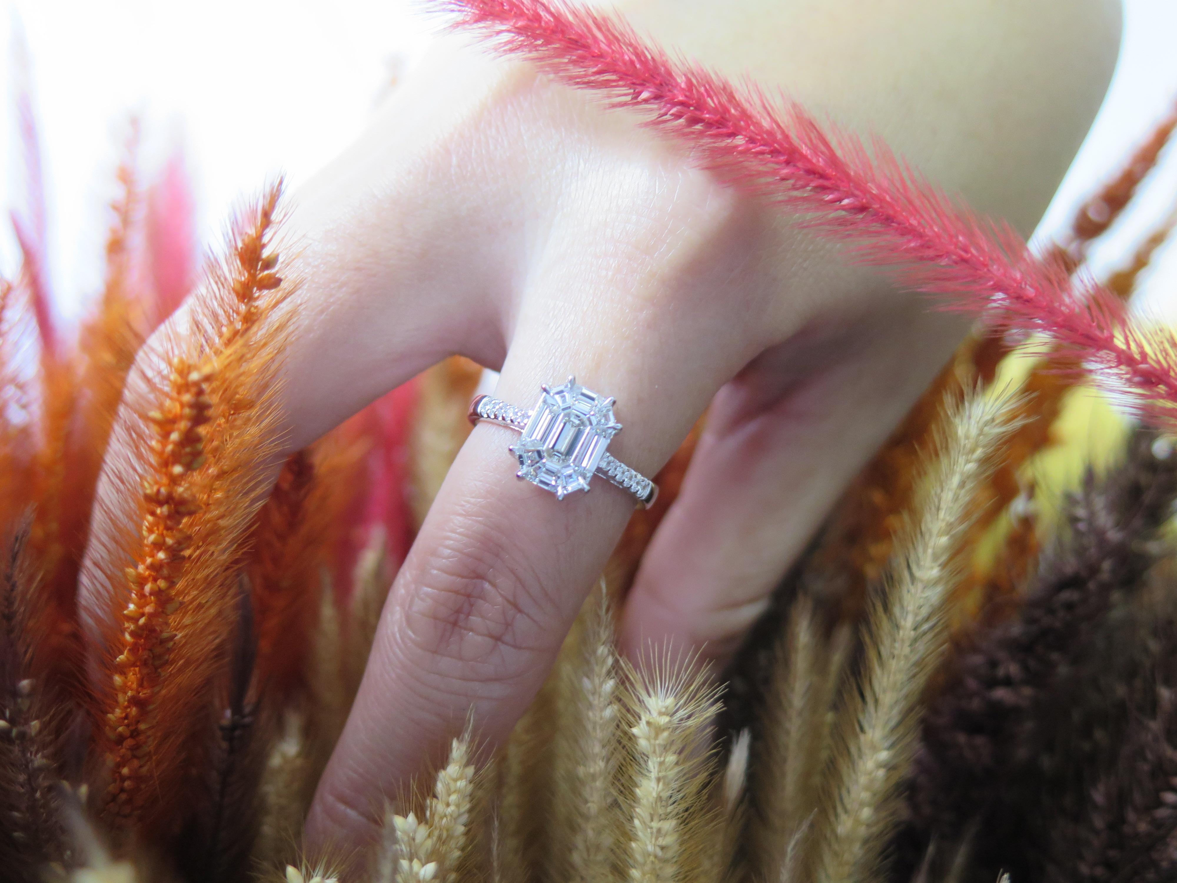 Women's or Men's 18 Karat White Gold Emerald Cut Diamond Engagement Ring For Sale