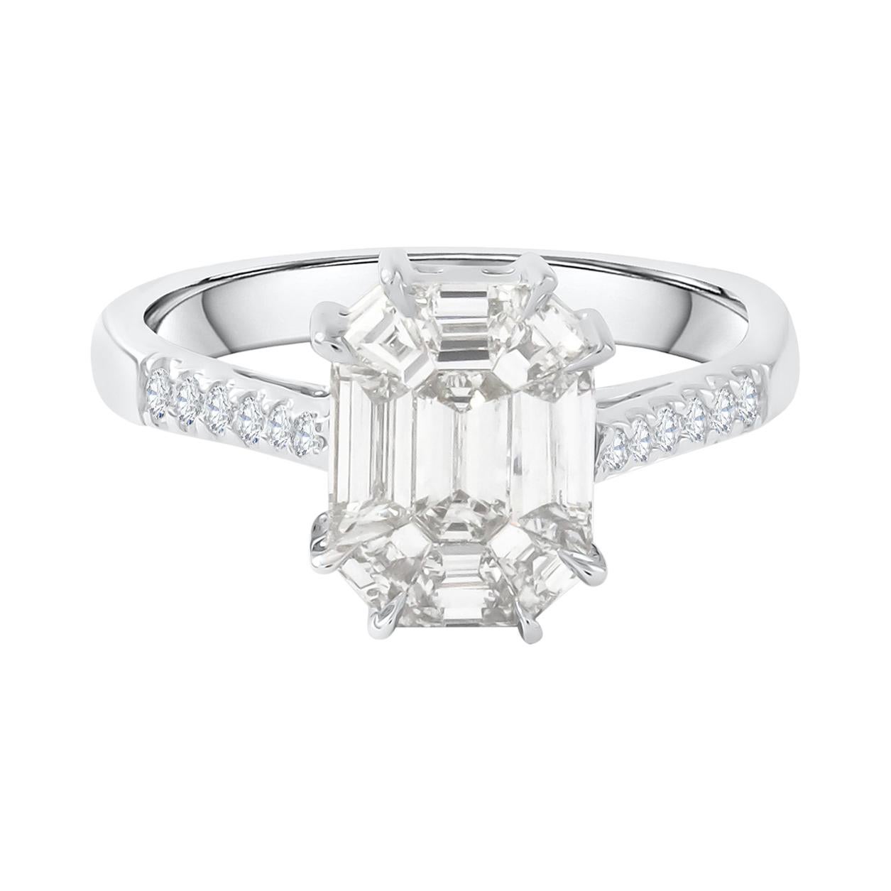 18 Karat White Gold Emerald Cut Diamond Engagement Ring For Sale