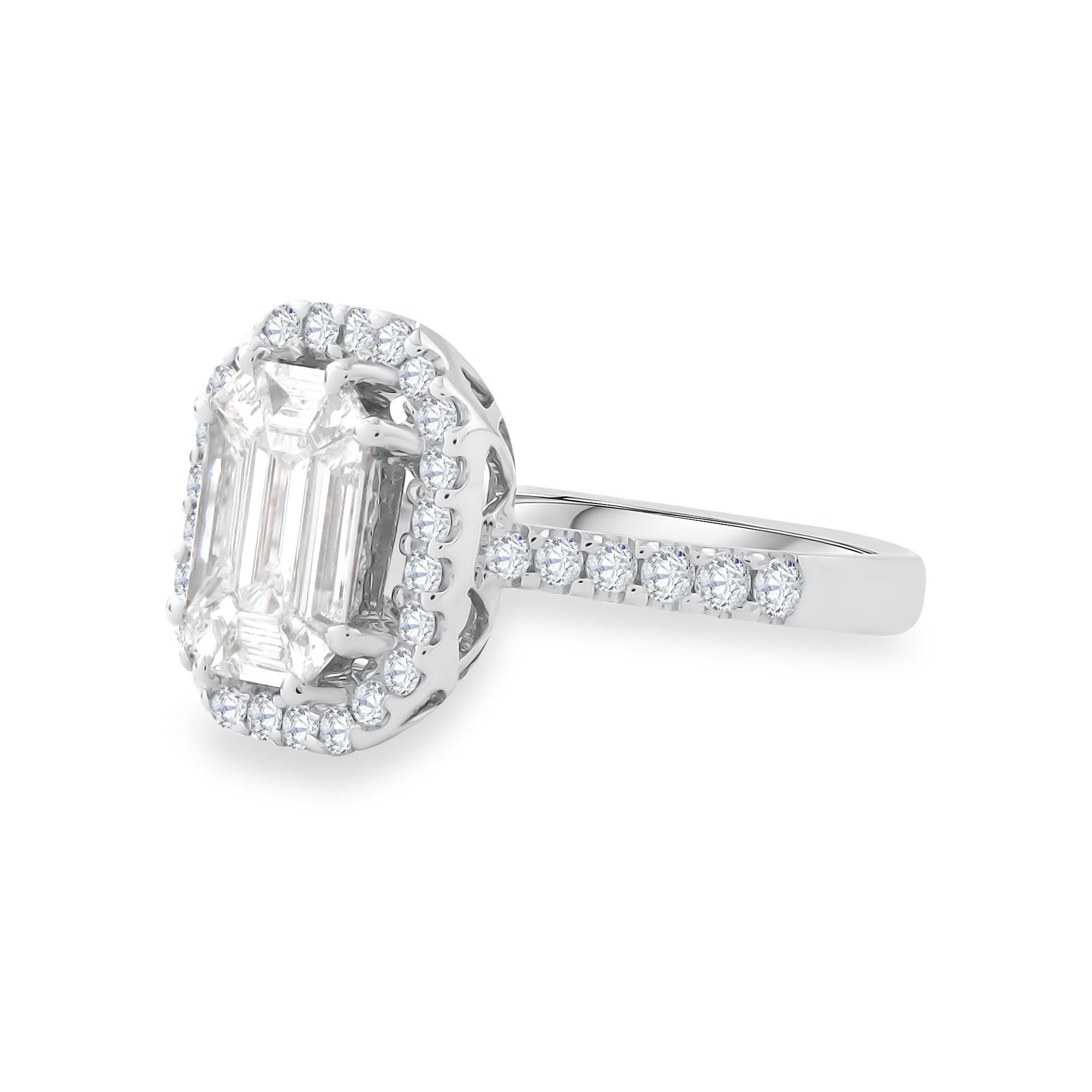 Art Deco 18 Karat White Gold Emerald Cut Diamond Engagement Ring For Sale