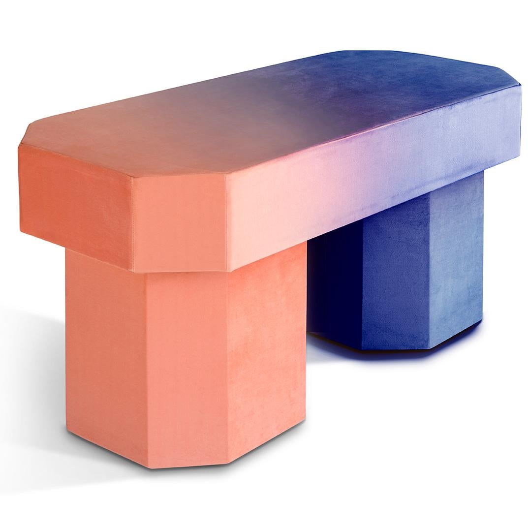 Viva Gradient Peach and Navy Bench by Houtique
Dimensions: D100 x W45 x H48 cm
Materials: Velvet, Upholstery, Wood
Also available in different colours. Please contact us.

VIVA BENCH.
Designed by Carolina Mico. Made in Spain.
Upholstered bench in