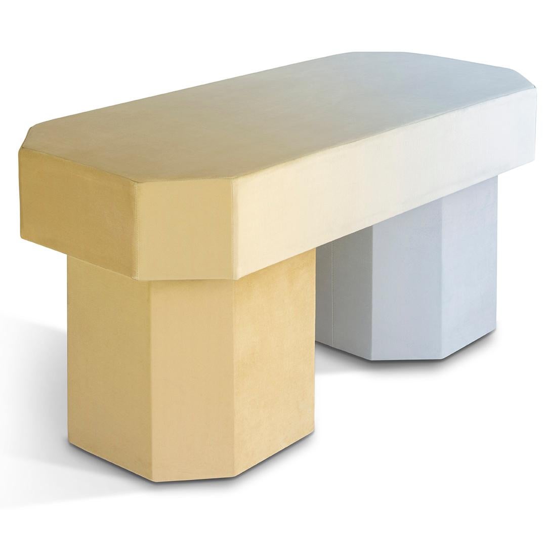 Viva Gradient Yellow and Blue Bench by Houtique
Dimensions: D 100 x W 45 x H 48 cm
Materials: Velvet, Upholstery, Wood
Also available in different colours. Please contact us.

VIVA BENCH.
Designed by Carolina Mico. Made in Spain.
Upholstered bench