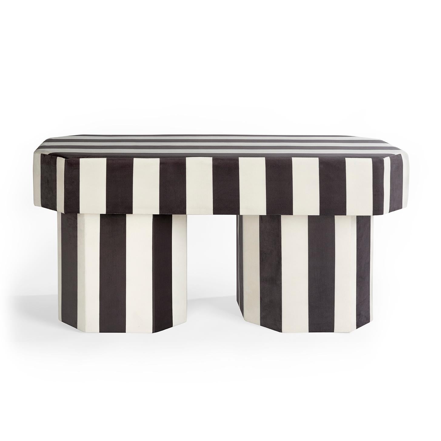 Viva Stripe Black and White Bench by Houtique
Dimensions: D 100 x W 45 x H 48 cm
Materials: Velvet, Upholstery, Wood
Also available in different colours. Please contact us.

VIVA BENCH.
Designed by Carolina Mico. Made in Spain.
Upholstered bench in