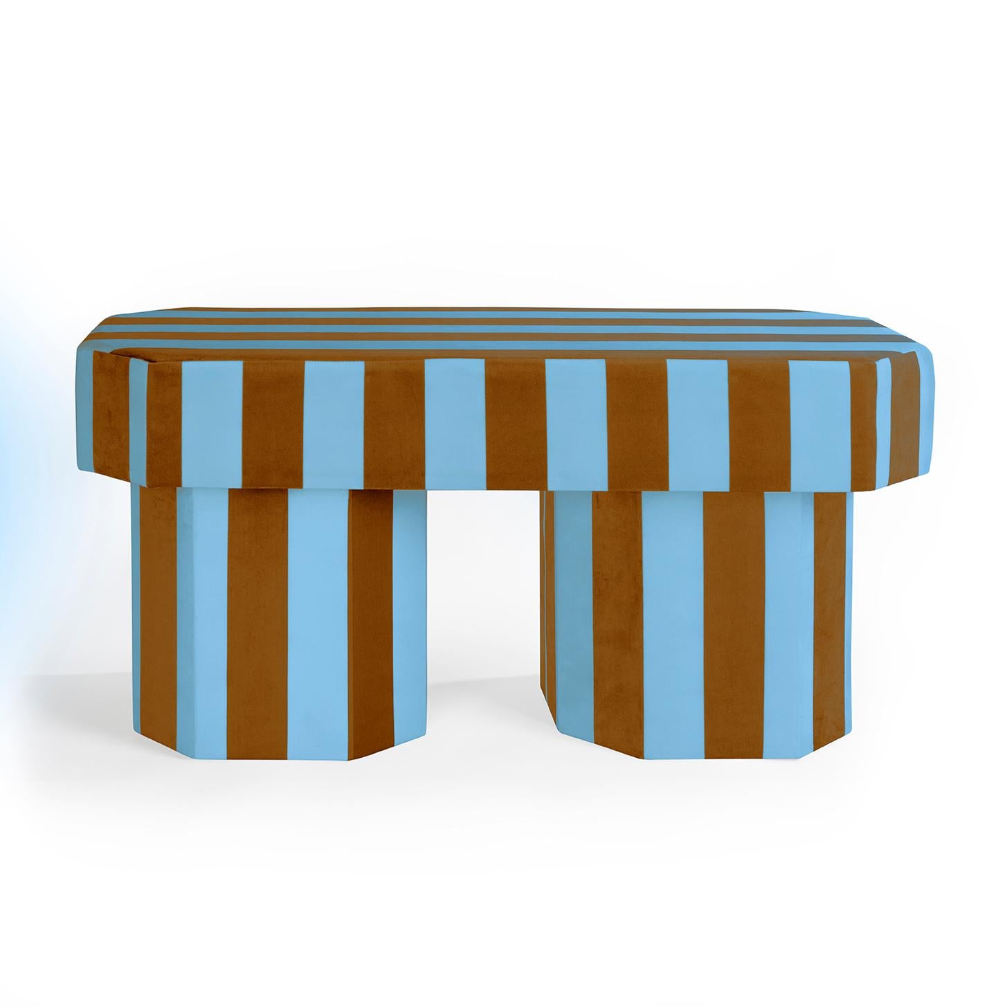 Viva Stripe Blue and Brown Bench by Houtique
Dimensions: D 100 x W 45 x H 48 cm
Materials: Velvet, Upholstery, Wood
Also available in different colours. Please contact us.

VIVA BENCH.
Designed by Carolina Mico. Made in Spain.
Upholstered bench in