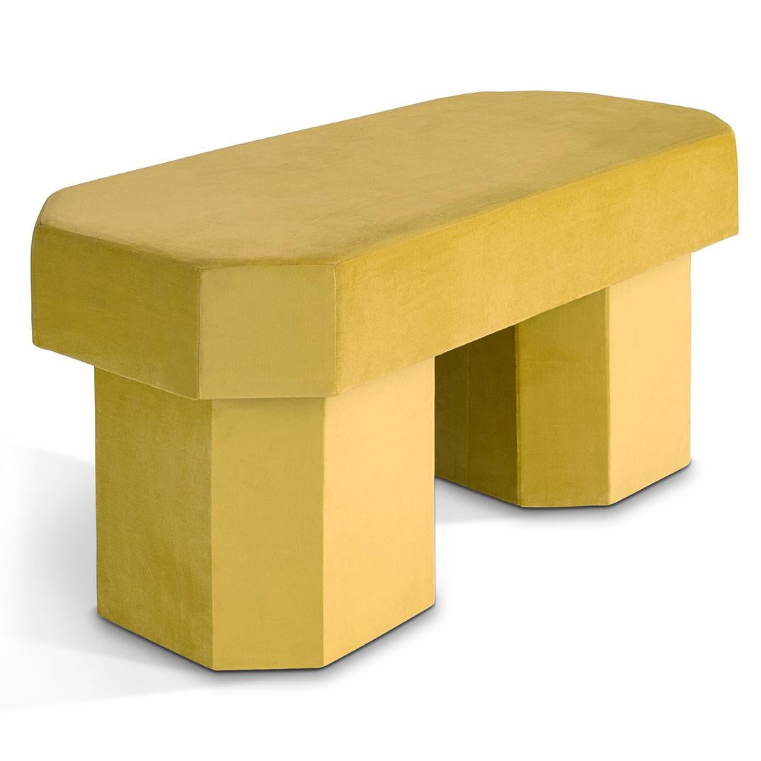 Viva Yellow Bench by Houtique
Dimensions: D 100 x W 45 x H 48 cm
Materials: Velvet, Upholstery, Wood
Also available in different colours. Please contact us.

VIVA BENCH.
Designed by Carolina Mico. Made in Spain.
Upholstered bench in flame-retardant