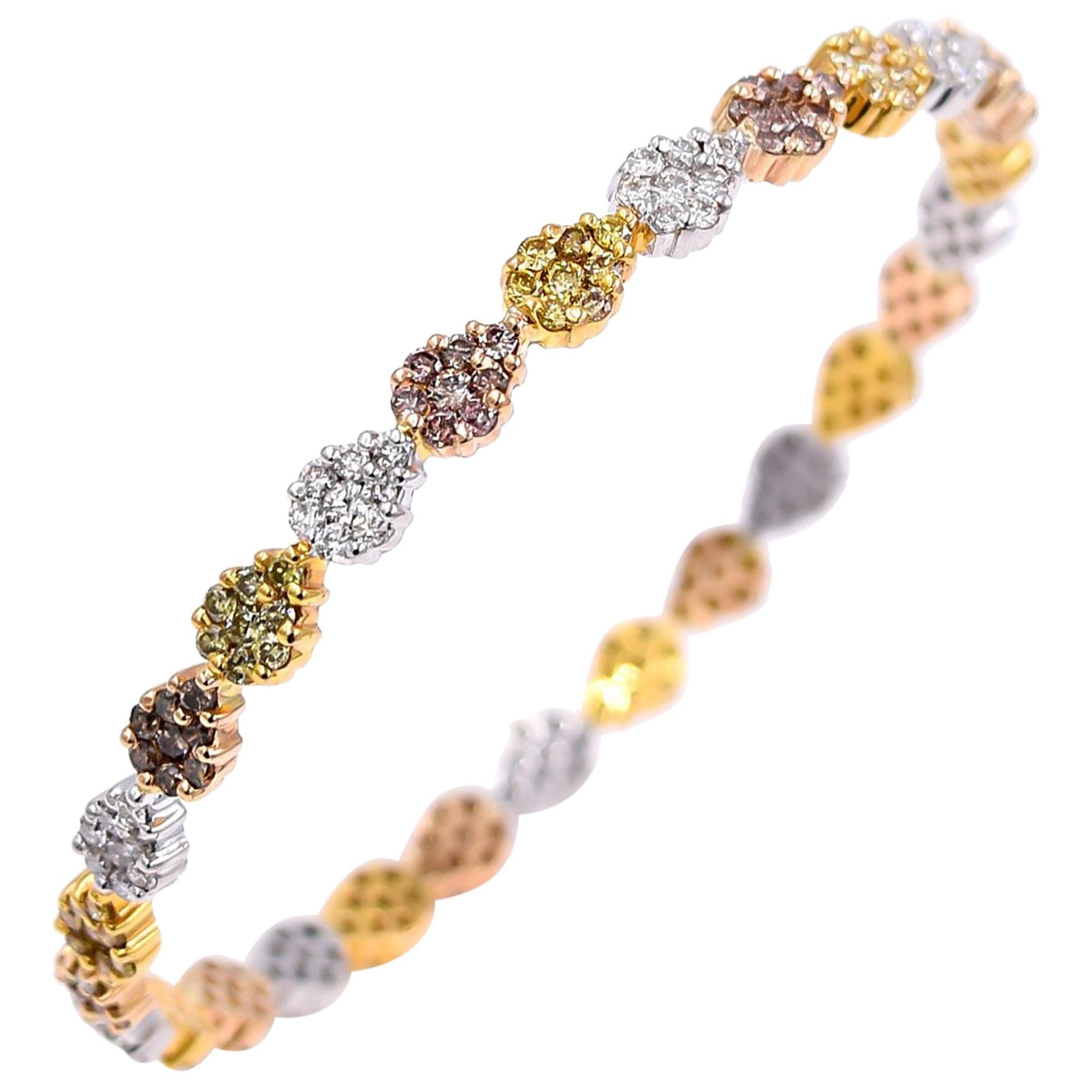 Vivaan 5.89 Carat Multicolored Diamond Bangle in 18K Rose White and Yellow Gold For Sale