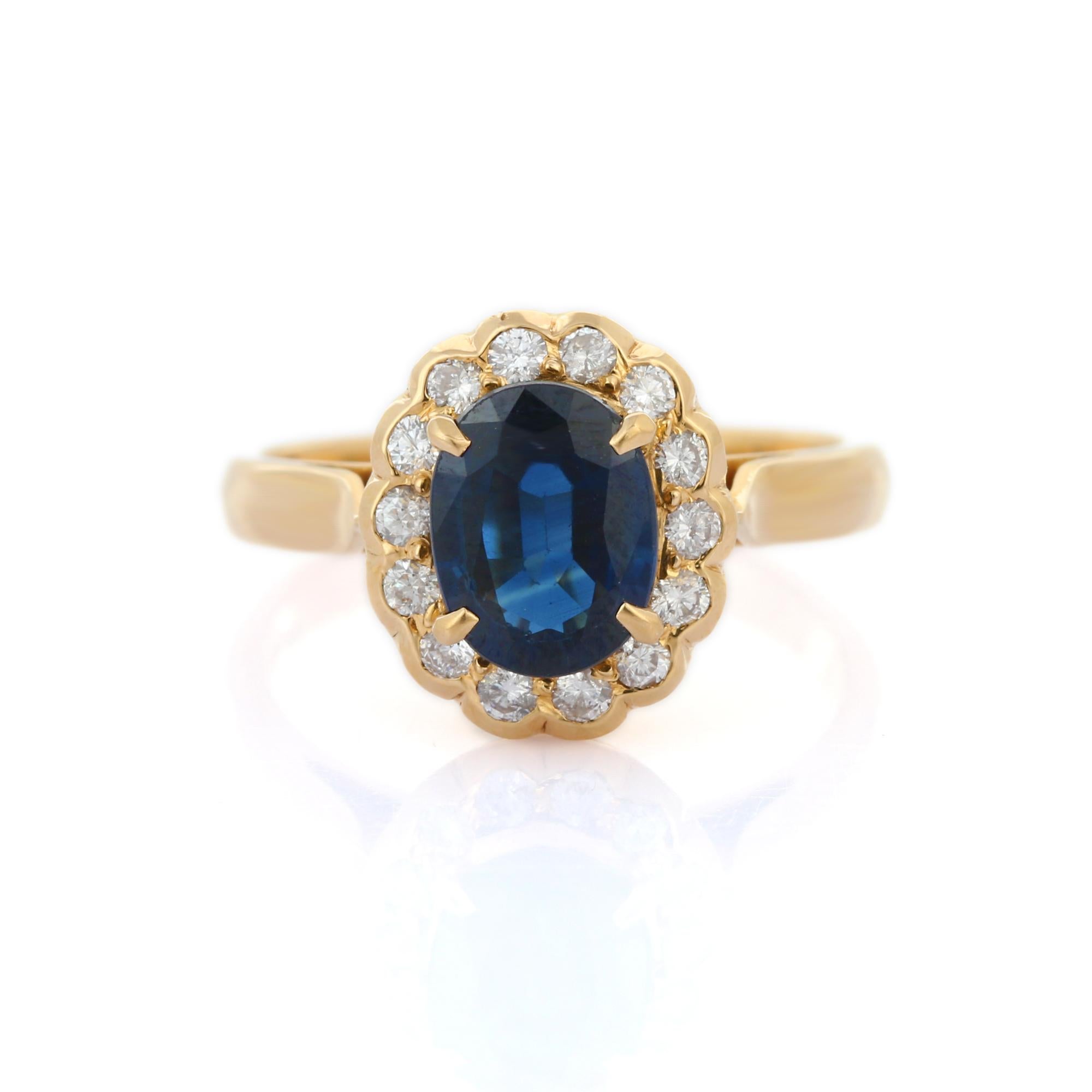 For Sale:  Vivacious 2.2 Ct Blue Sapphire and Diamond Halo Wedding Ring in 18K Yellow Gold 2