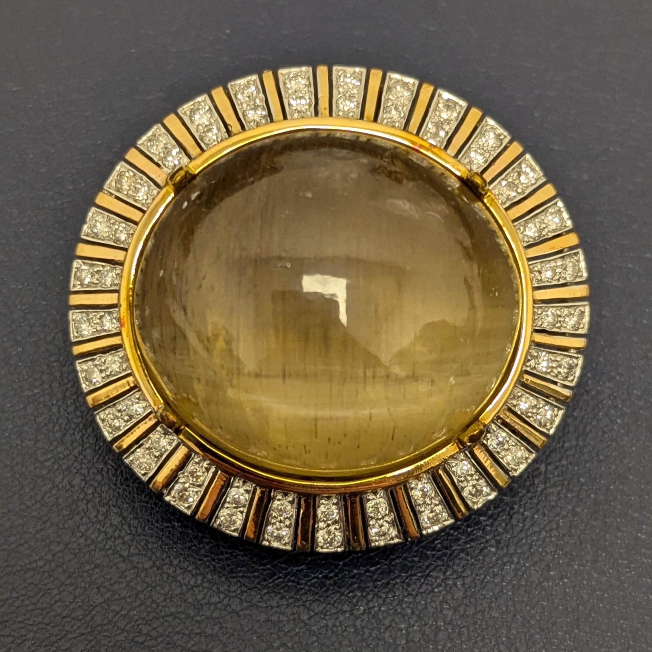 Single Cut Vivacious Cats Eye Chrysoberyl Diamond 14K Yellow Gold Brooch For Sale