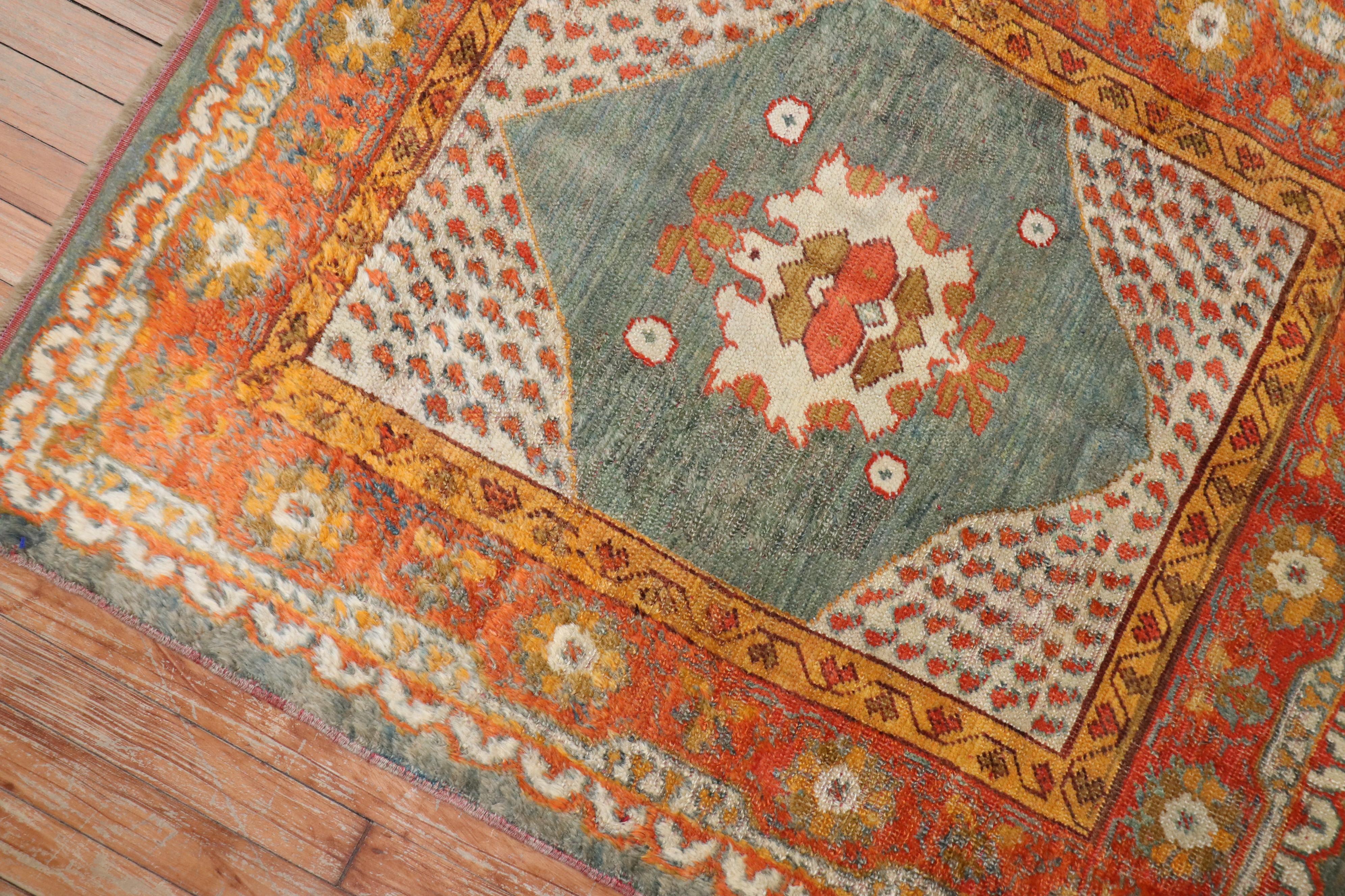 Hand-Woven Vivacious Green Pumpkin Early 20th Century Angora Wool Square Oushak Rug For Sale