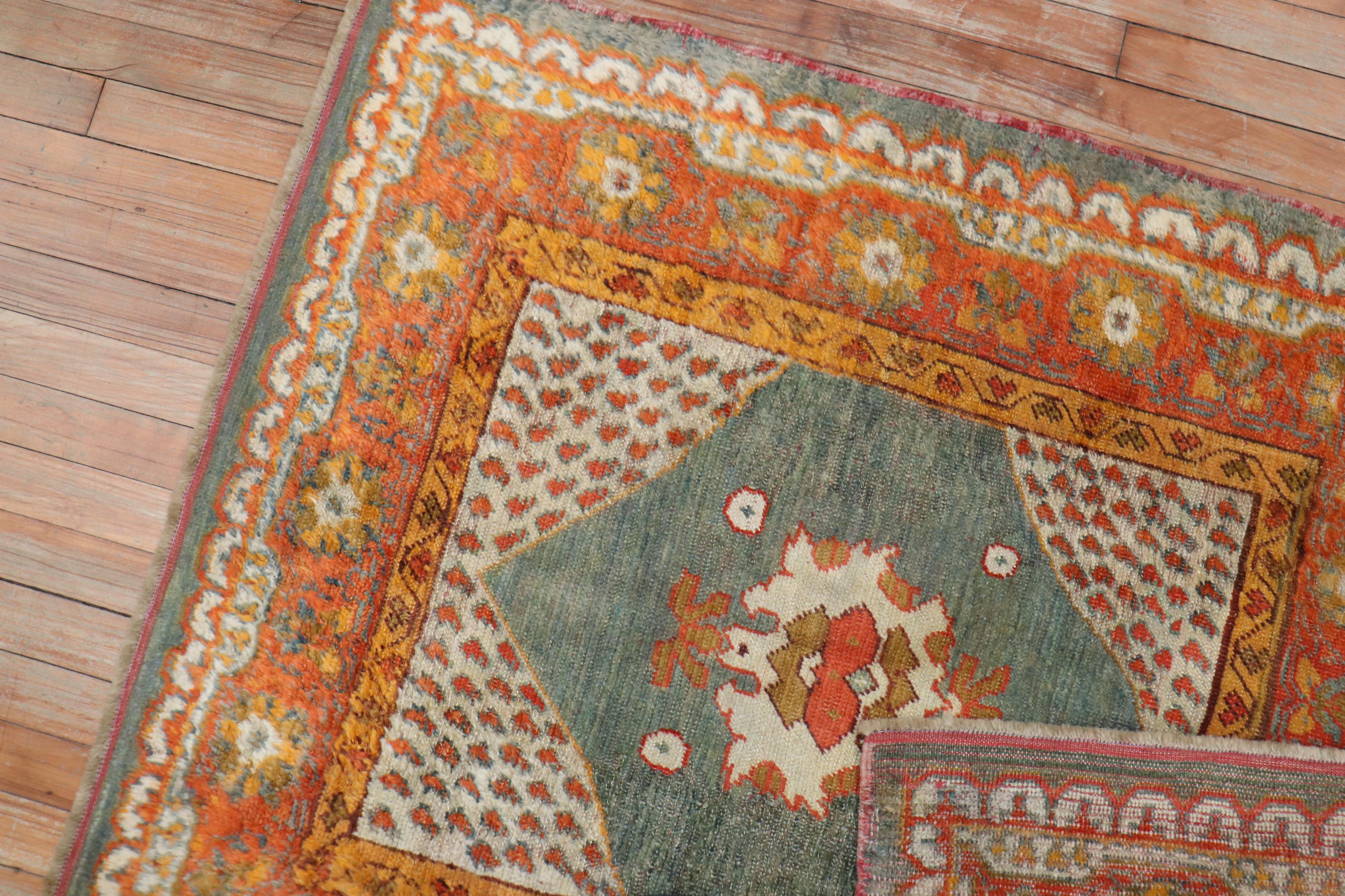 Vivacious Green Pumpkin Early 20th Century Angora Wool Square Oushak Rug In Good Condition For Sale In New York, NY