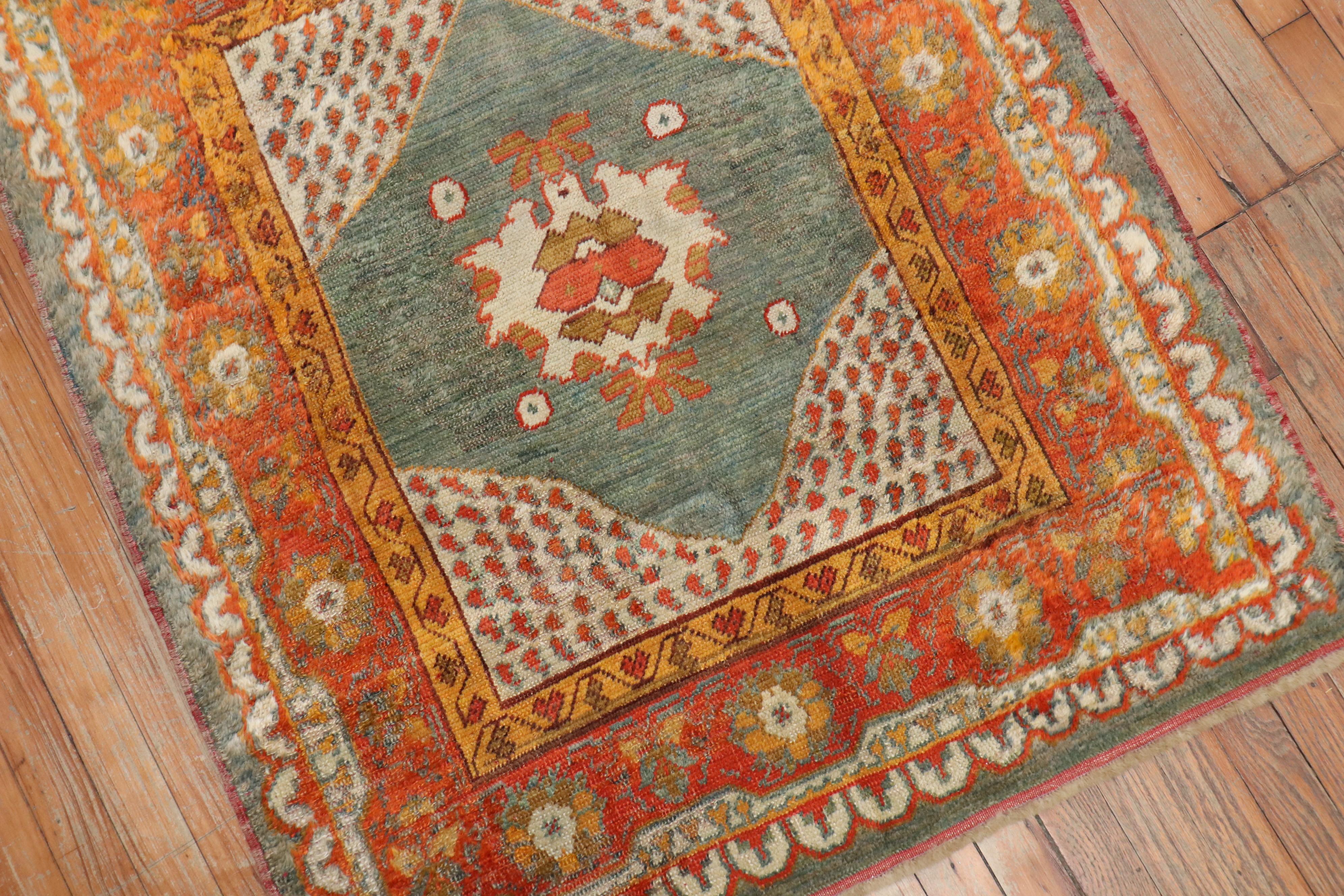 Vivacious Green Pumpkin Early 20th Century Angora Wool Square Oushak Rug For Sale 2