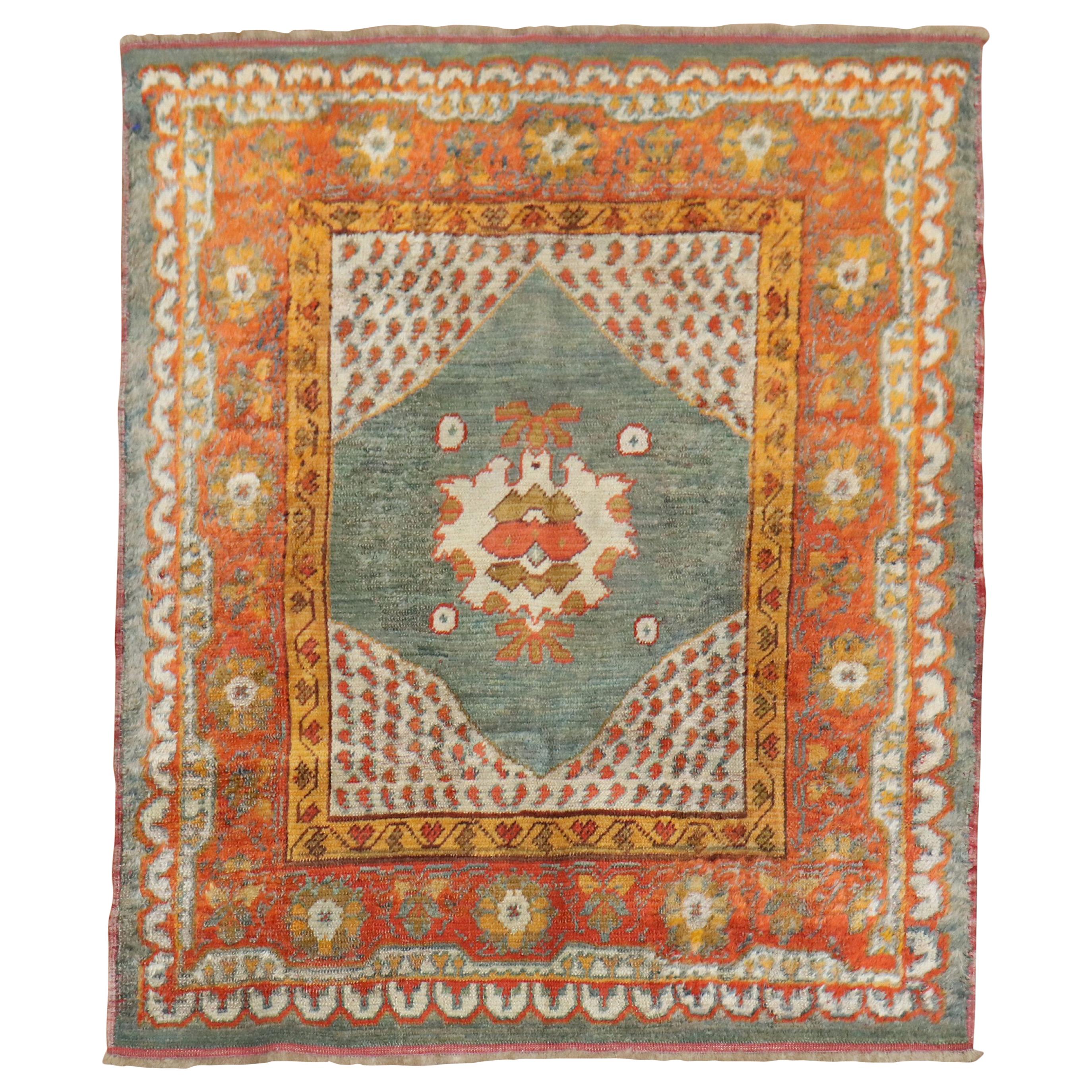 Vivacious Green Pumpkin Early 20th Century Angora Wool Square Oushak Rug  For Sale at 1stDibs
