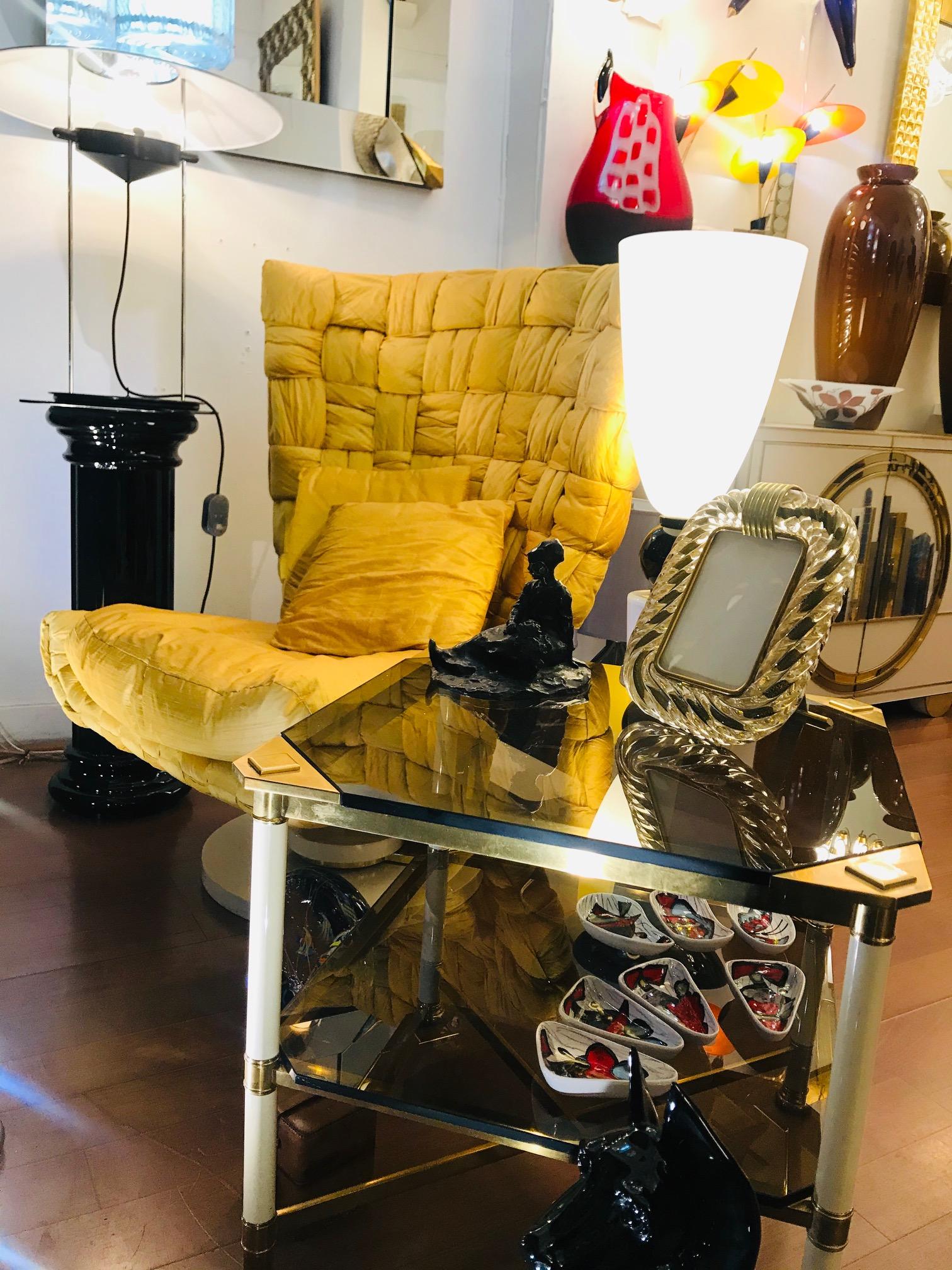 Hand-Crafted 1970s Vintage Italian Pair of Smoked Glass and Ivory 2-Tier Brass Side Tables For Sale