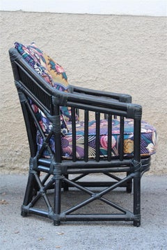 Vivai del Sud Armchair Italian Design 1970 Bamboo Black Flowers Multi-Color