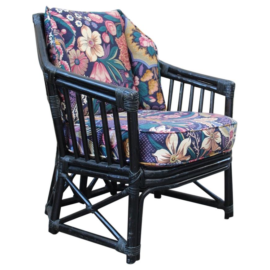 Fauteuil Vivai del Sud design italien en bambou, fleurs noires multicolores, 1970 en vente