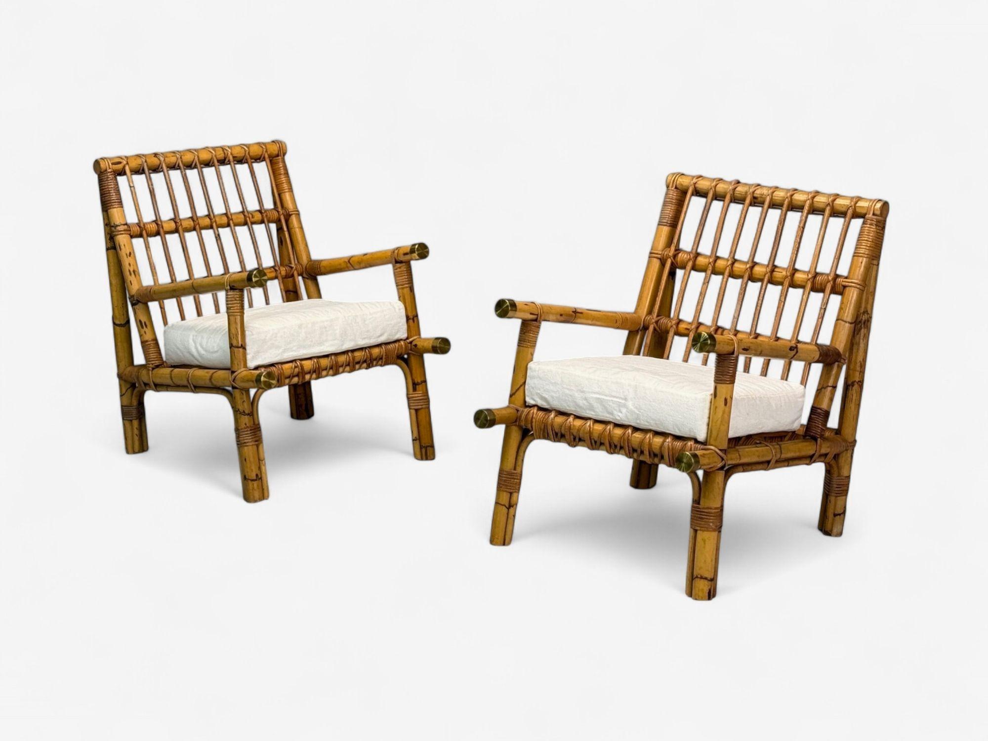 Vivai del Sud attr., Italienische Mid-Century Modern, Indisches Rohr, Geflecht, Messing, Loungesessel, Italien, 1970er

Paar Lounge- oder Sessel aus indischem Rohr, Korbgeflecht und poliertem Messing, die Vivai del Sud zugeschrieben und in der