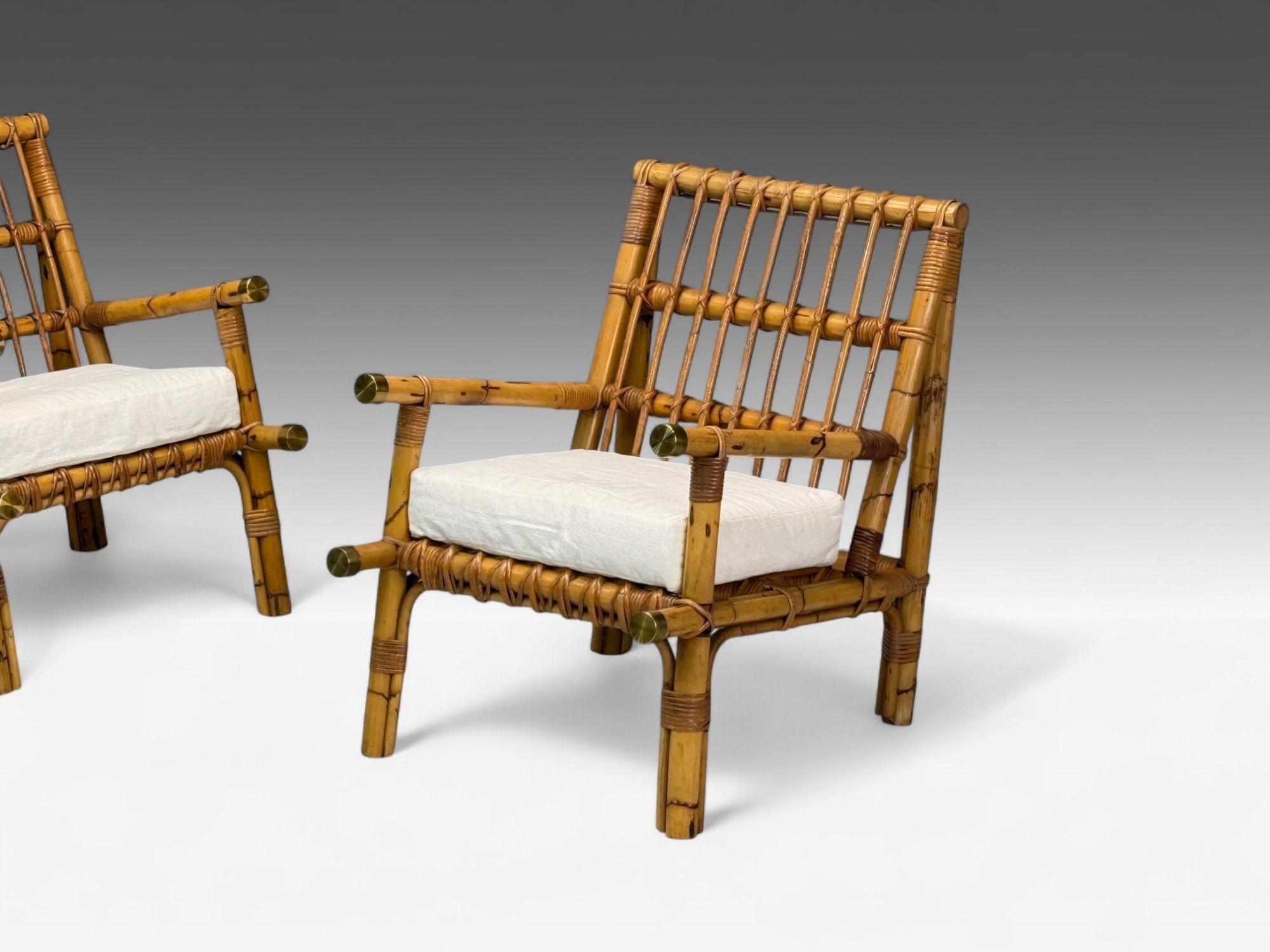 Vivai del Sud attr., Indisches Rohr, Geflecht, Messing, Loungesessel, Italien, 1970er (Moderne der Mitte des Jahrhunderts) im Angebot
