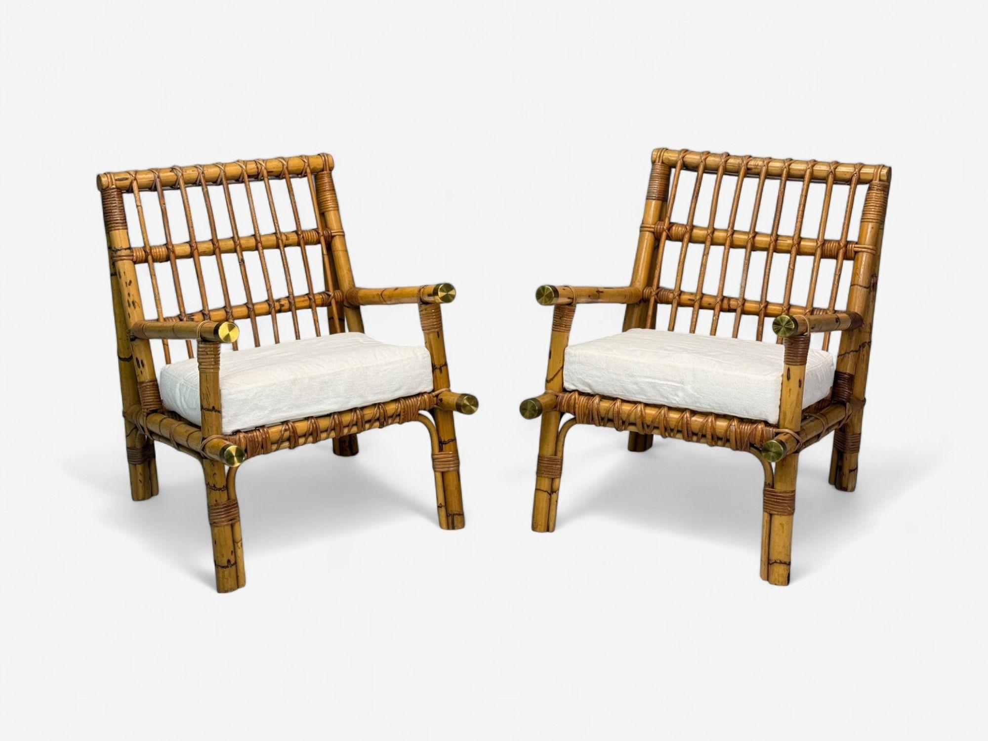 Vivai del Sud attr., Indisches Rohr, Geflecht, Messing, Loungesessel, Italien, 1970er im Zustand „Gut“ im Angebot in Manhasset, NY