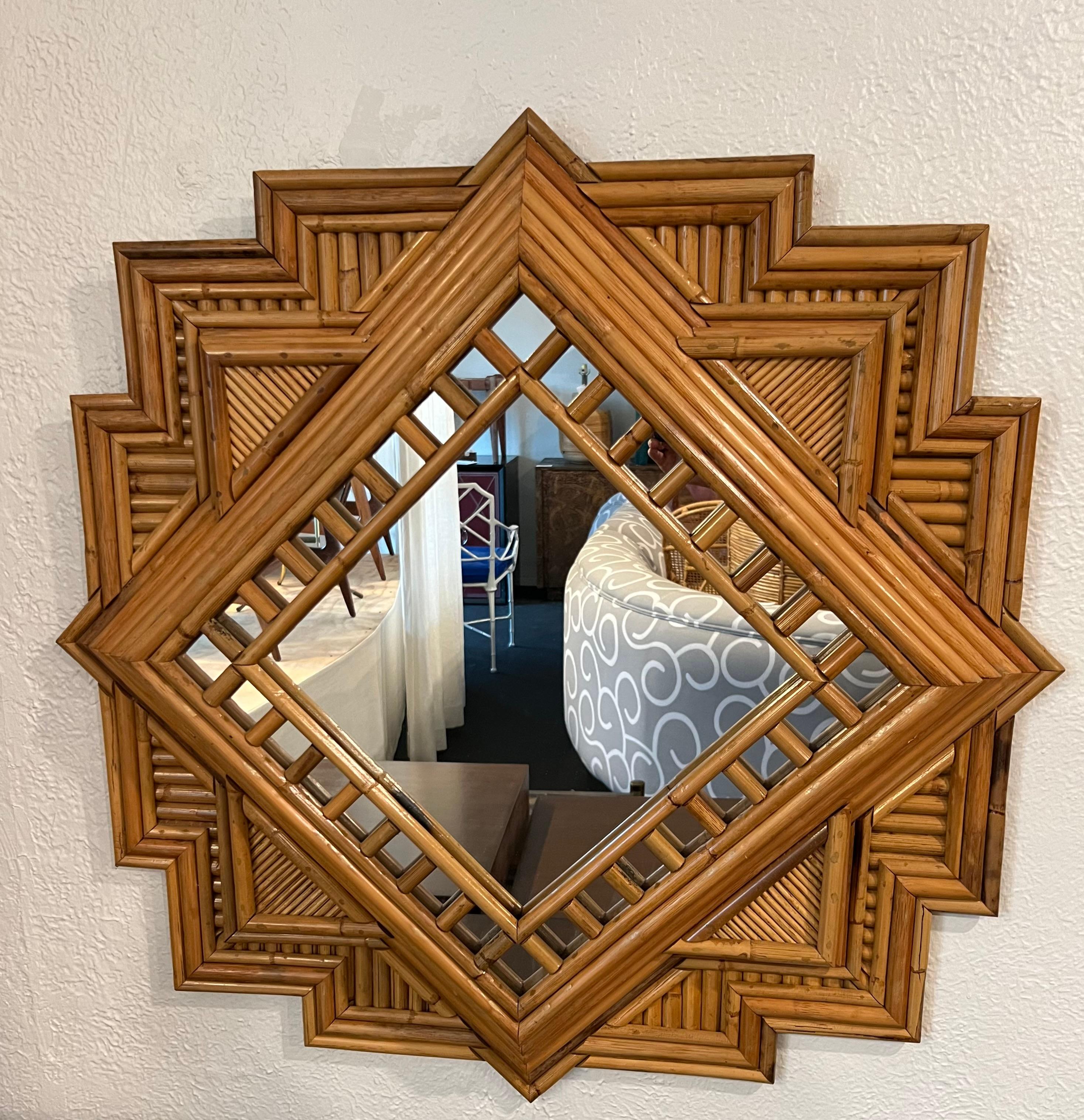 Mid-Century Modern Vivai Del Sud Attributed Geometrical Rattan Mirror For Sale
