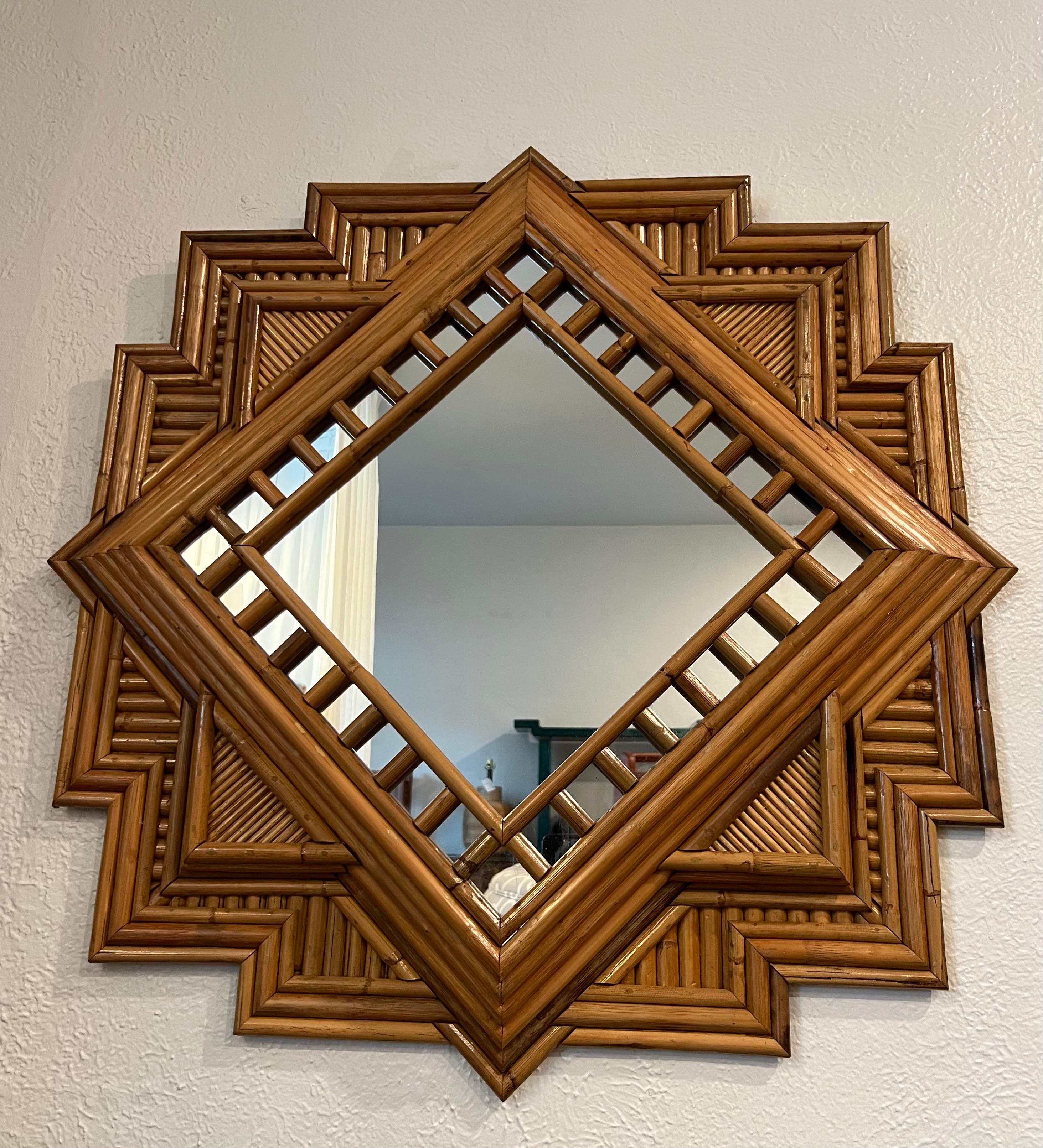 Vivai Del Sud Attributed Geometrical Rattan Mirror In Good Condition For Sale In West Palm Beach, FL