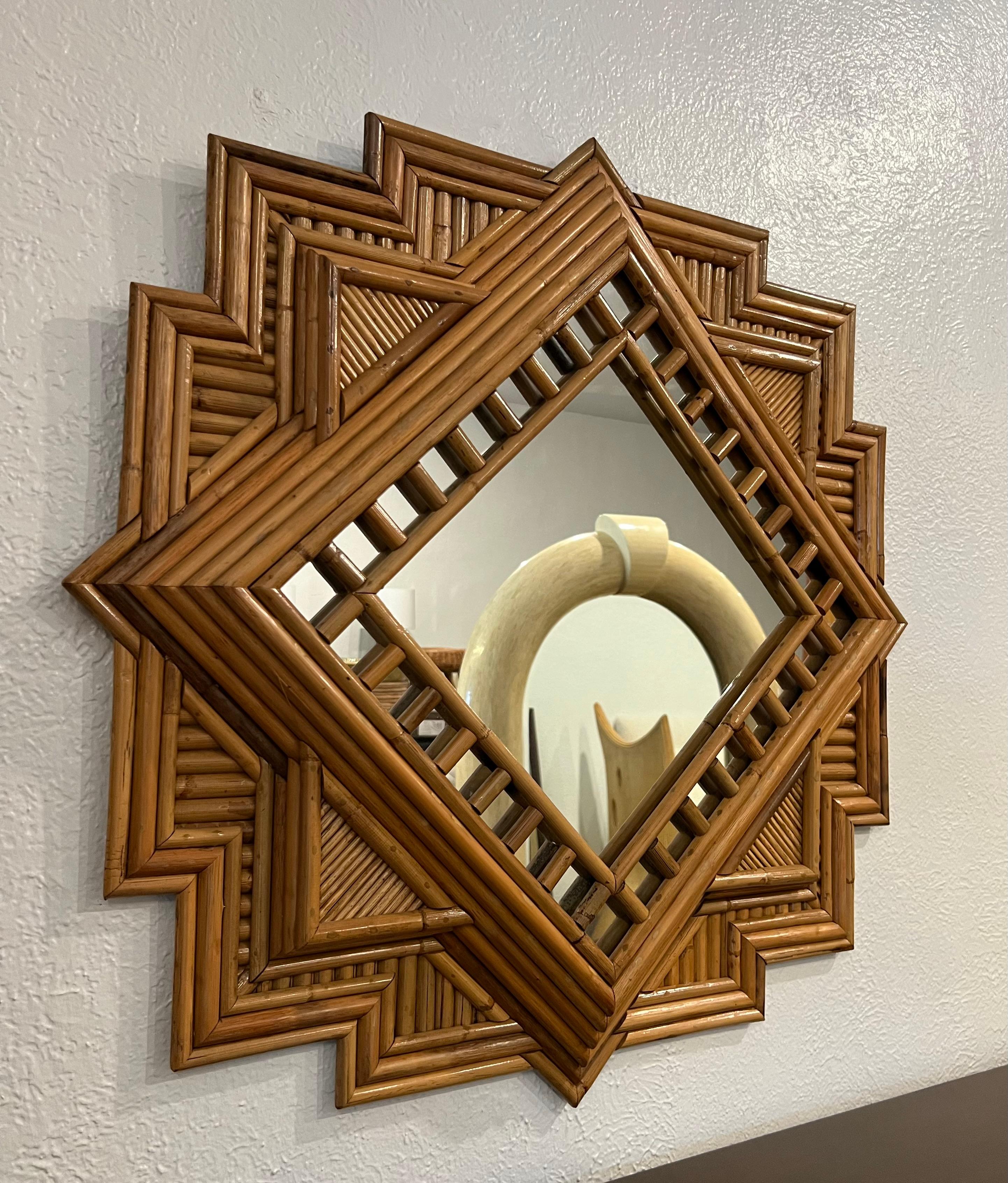Late 20th Century Vivai Del Sud Attributed Geometrical Rattan Mirror For Sale