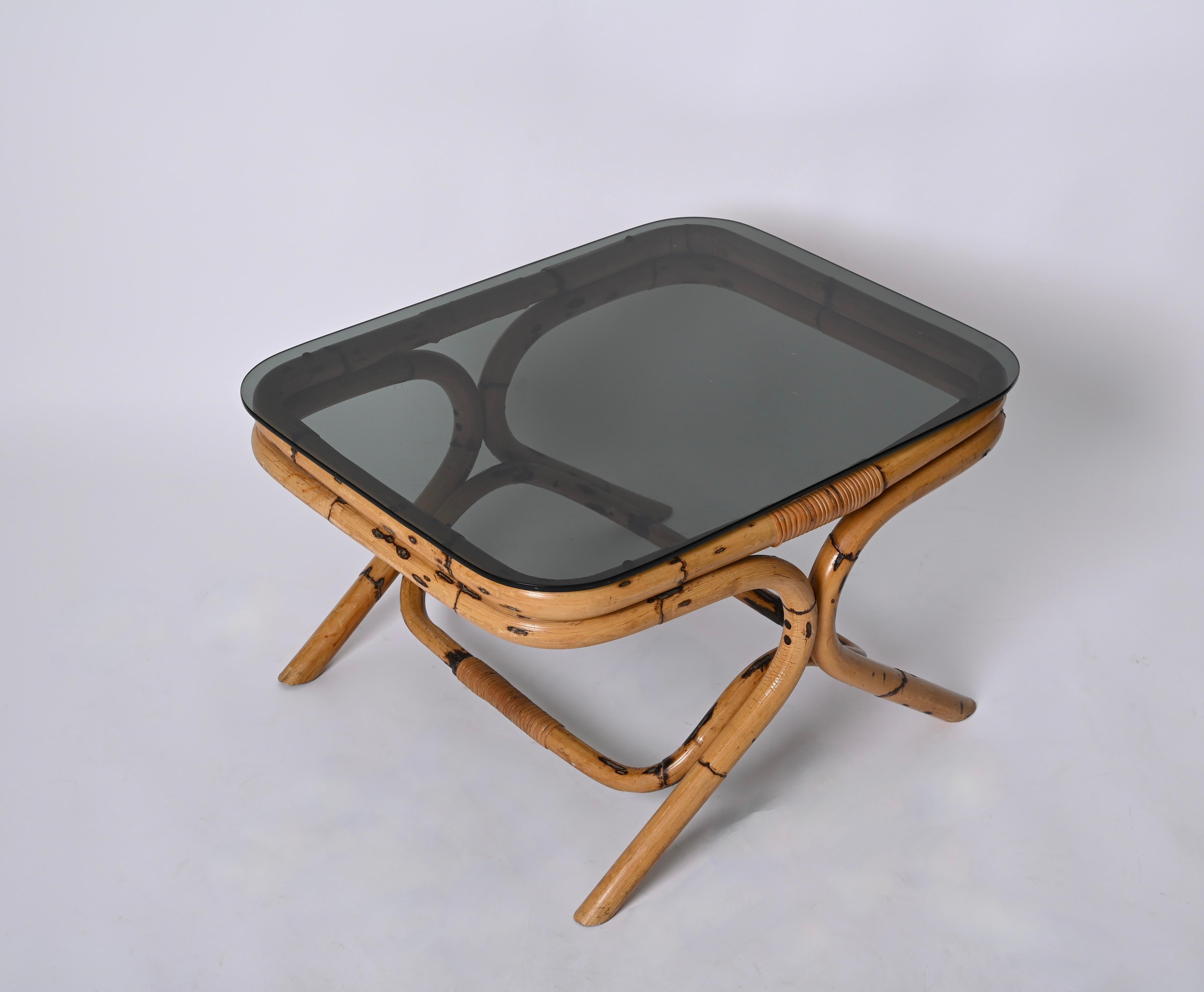 Vivai del Sud Bamboo and Rattan Coffee Table with Smoked Glass, Italy, 1960s For Sale 8