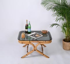 Tavolino in bambù e rattan con vetro fumé, Vivai del Sud, Italia, anni '60