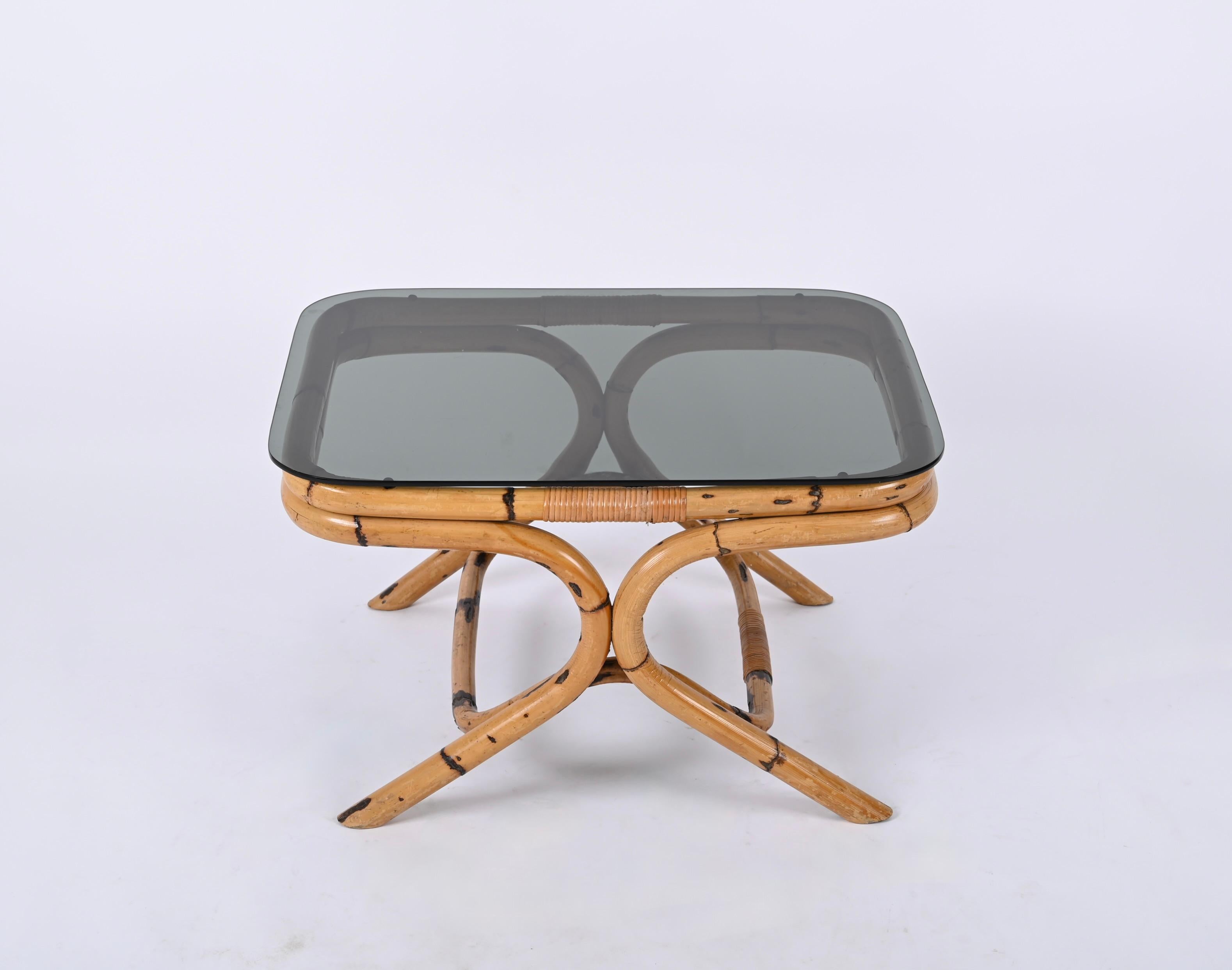 Mid-Century Modern Vivai del Sud Bamboo and Rattan Coffee Table with Smoked Glass, Italy, 1960s For Sale