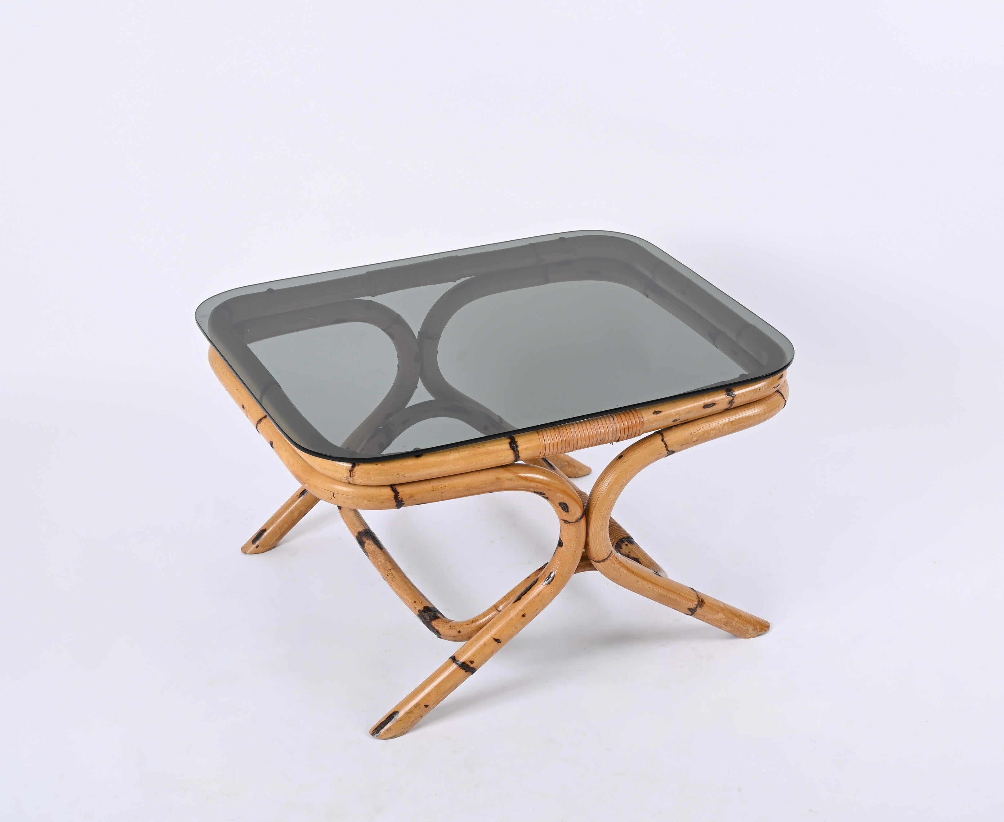 Italian Vivai del Sud Bamboo and Rattan Coffee Table with Smoked Glass, Italy, 1960s For Sale