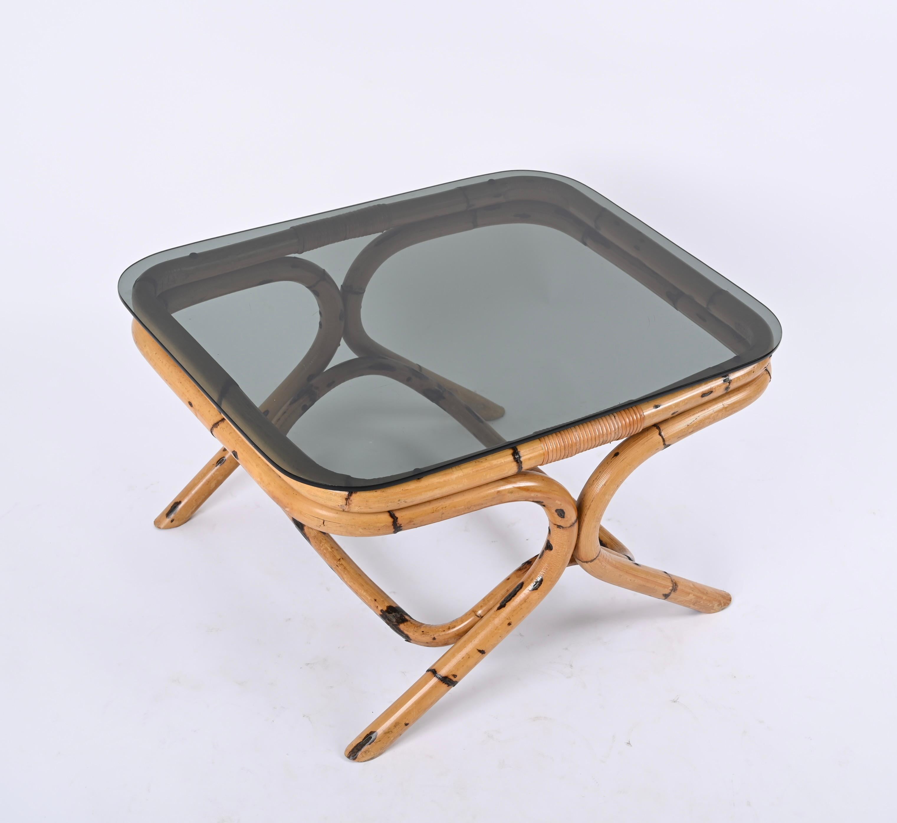 Vivai del Sud Bamboo and Rattan Coffee Table with Smoked Glass, Italy, 1960s For Sale 1