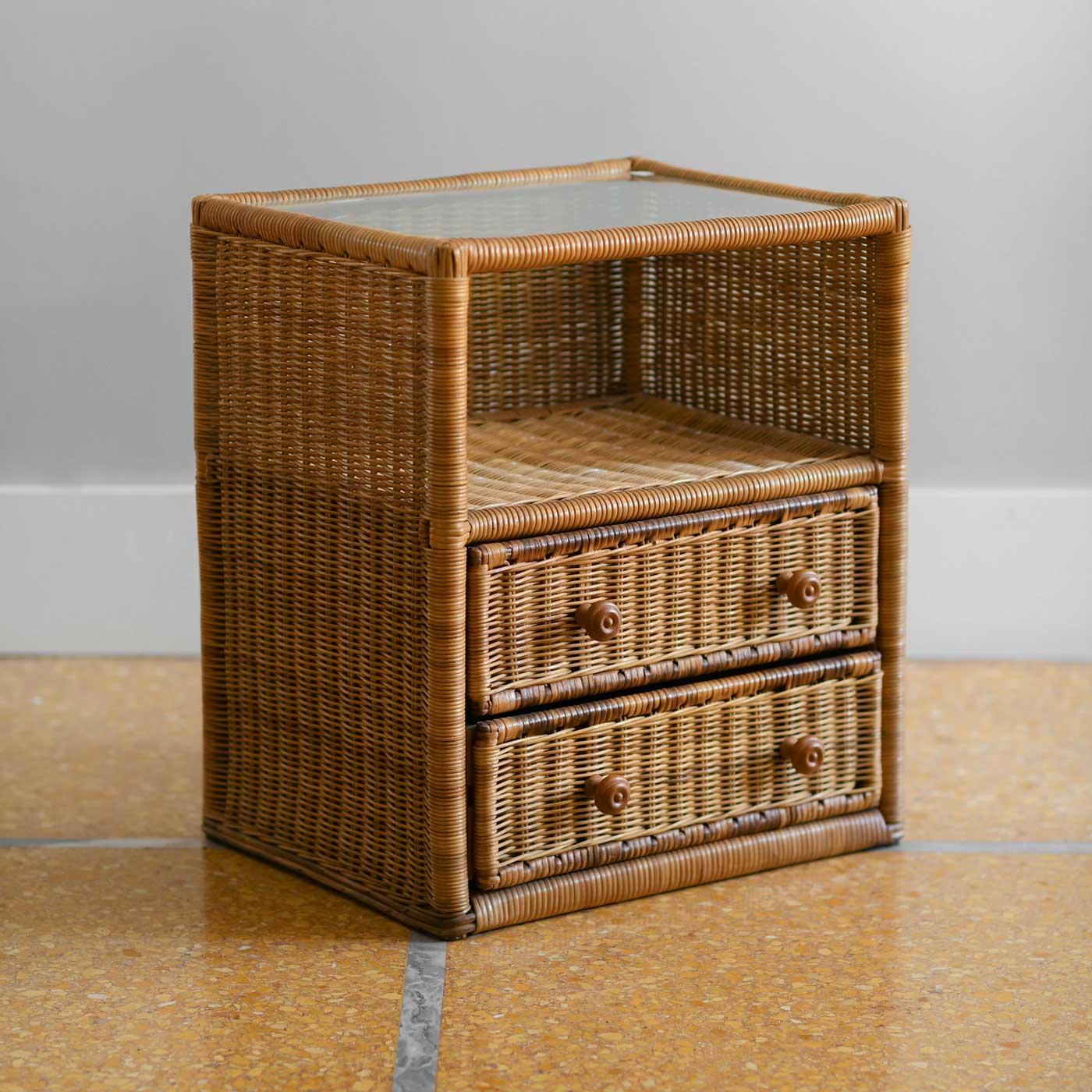 Late 20th Century “Vivai del Sud” Bamboo Bedside Tables with Drawers and Glass Top 'Set of 2'