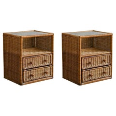 Vintage “Vivai del Sud” Bamboo Bedside Tables with Drawers and Glass Top 'Set of 2'