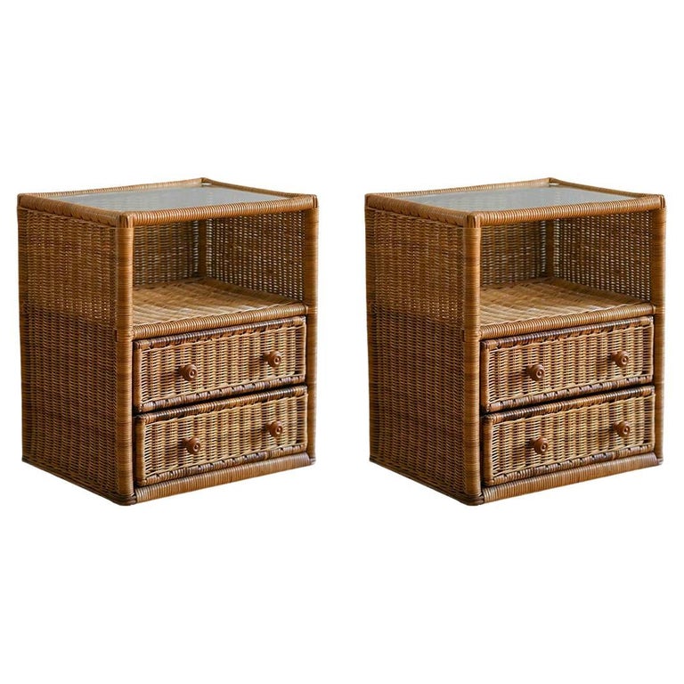 “Vivai del Sud” Bamboo bedside tables with drawers and glass top (set