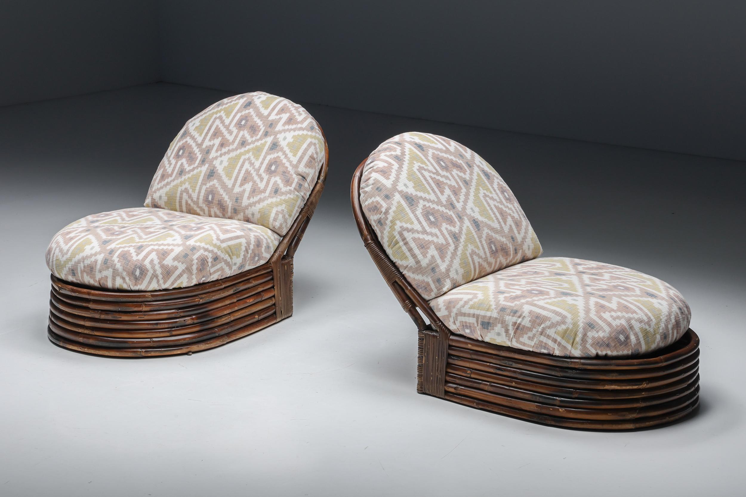 Vivai del Sud; Bamboo; Lounge Chairs; Upholstery; Mid-Century Modern; 1970s; 1970s Design; Italy; Pierre Frey Jacquard; Tropical; Exotic; Cotton; Italian Design; 

A pair of Vivai del Sud bamboo lounge chairs, made in Italy in the 1970s. High-end