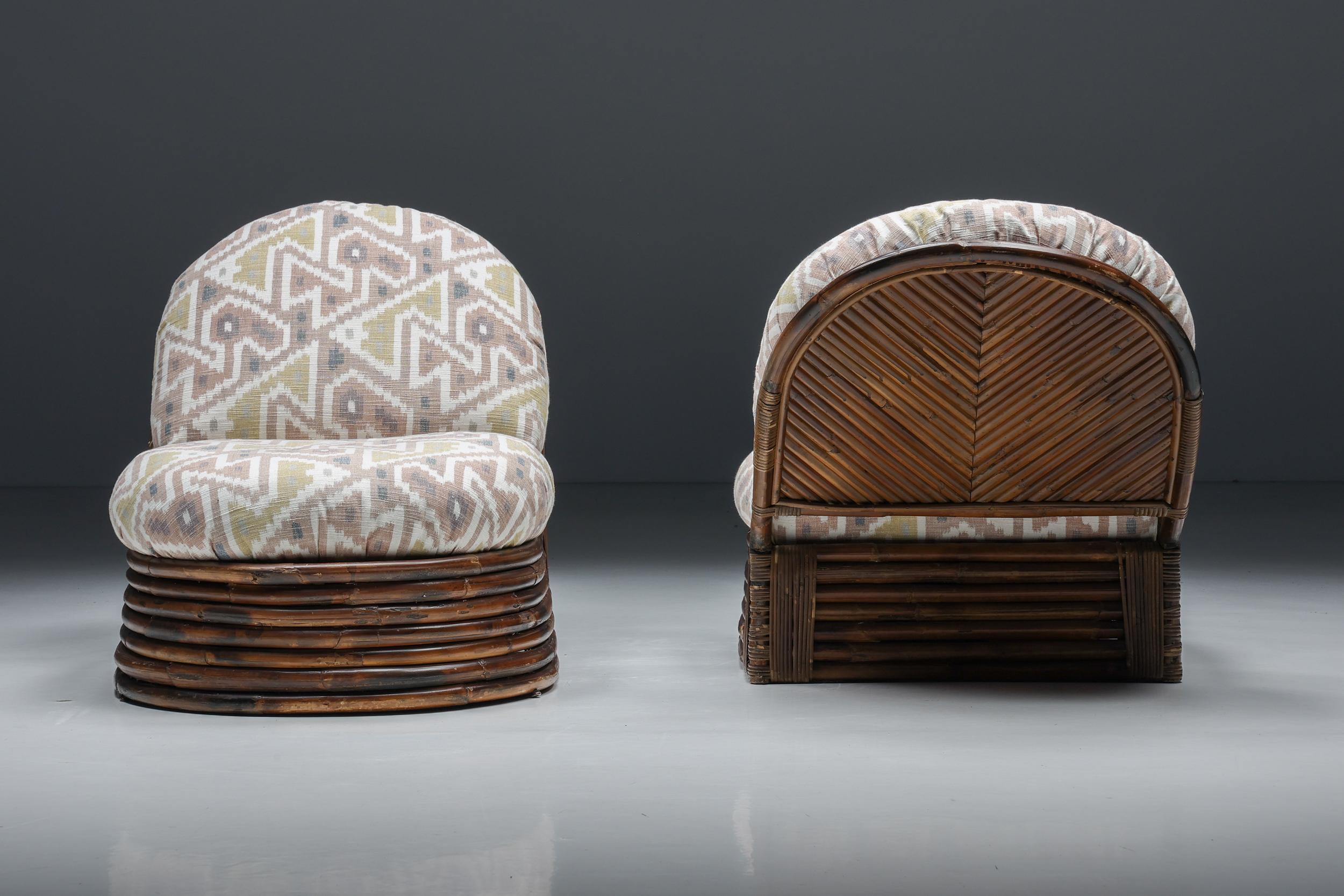 Mid-Century Modern Vivai Del Sud Bamboo Lounge Chairs, Pierre Frey Jacquard, 1970s For Sale