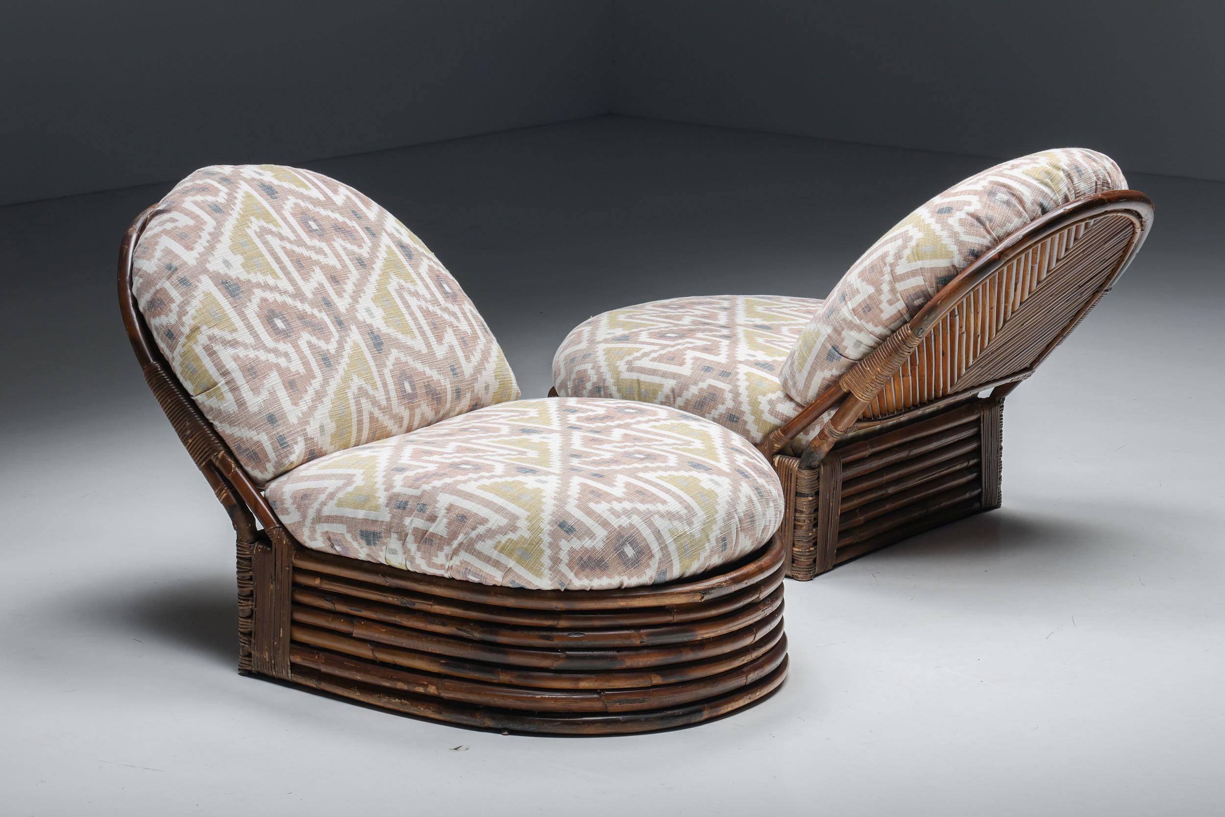 Italian Vivai Del Sud Bamboo Lounge Chairs, Pierre Frey Jacquard, 1970s For Sale