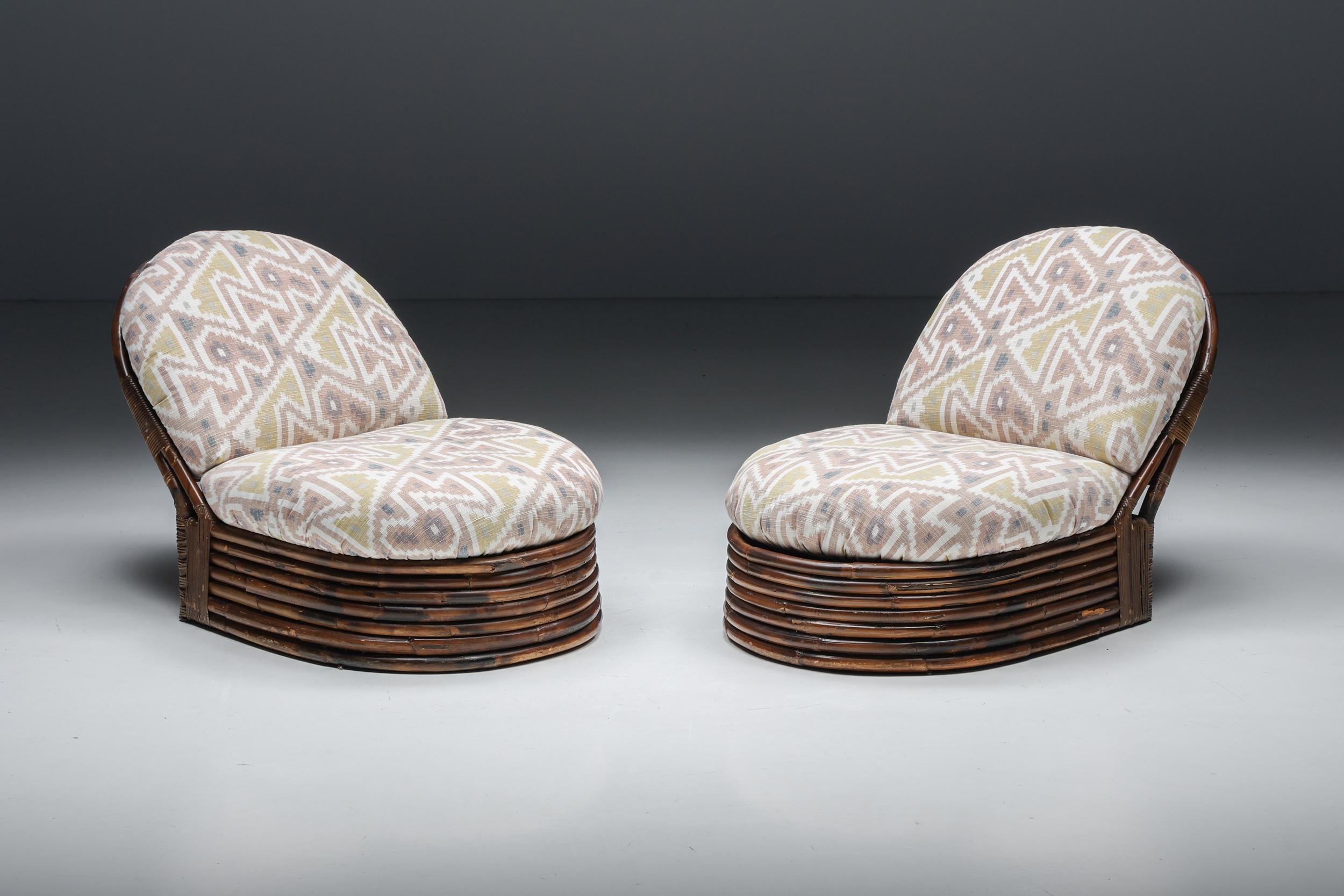 Late 20th Century Vivai Del Sud Bamboo Lounge Chairs, Pierre Frey Jacquard, 1970s For Sale