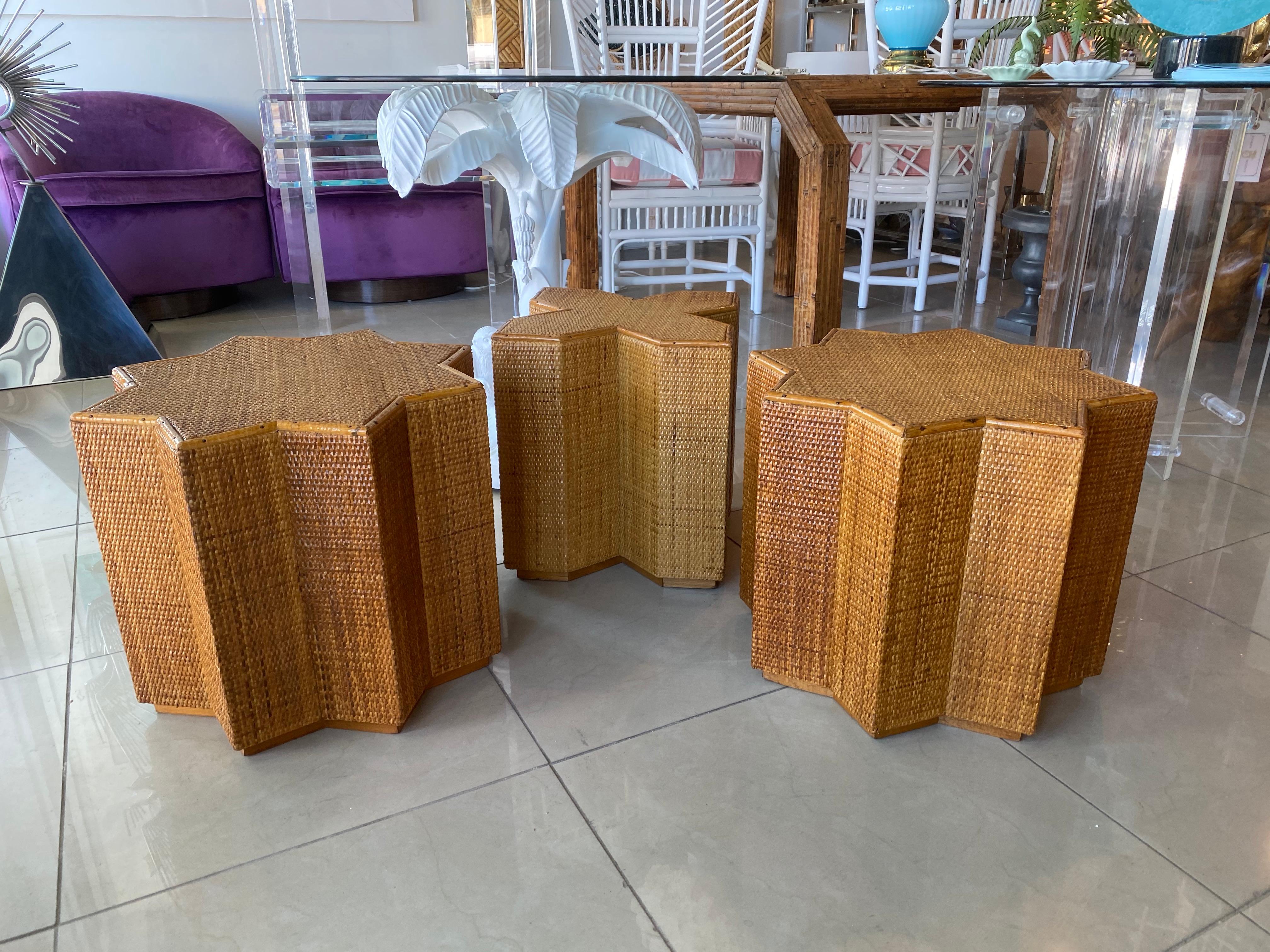 Vintage set of 3 Italian Vivai Del Sud bamboo, woven wicker and rattan tables. These can be used as end or side tables or together as a coffee table. Very solid built.