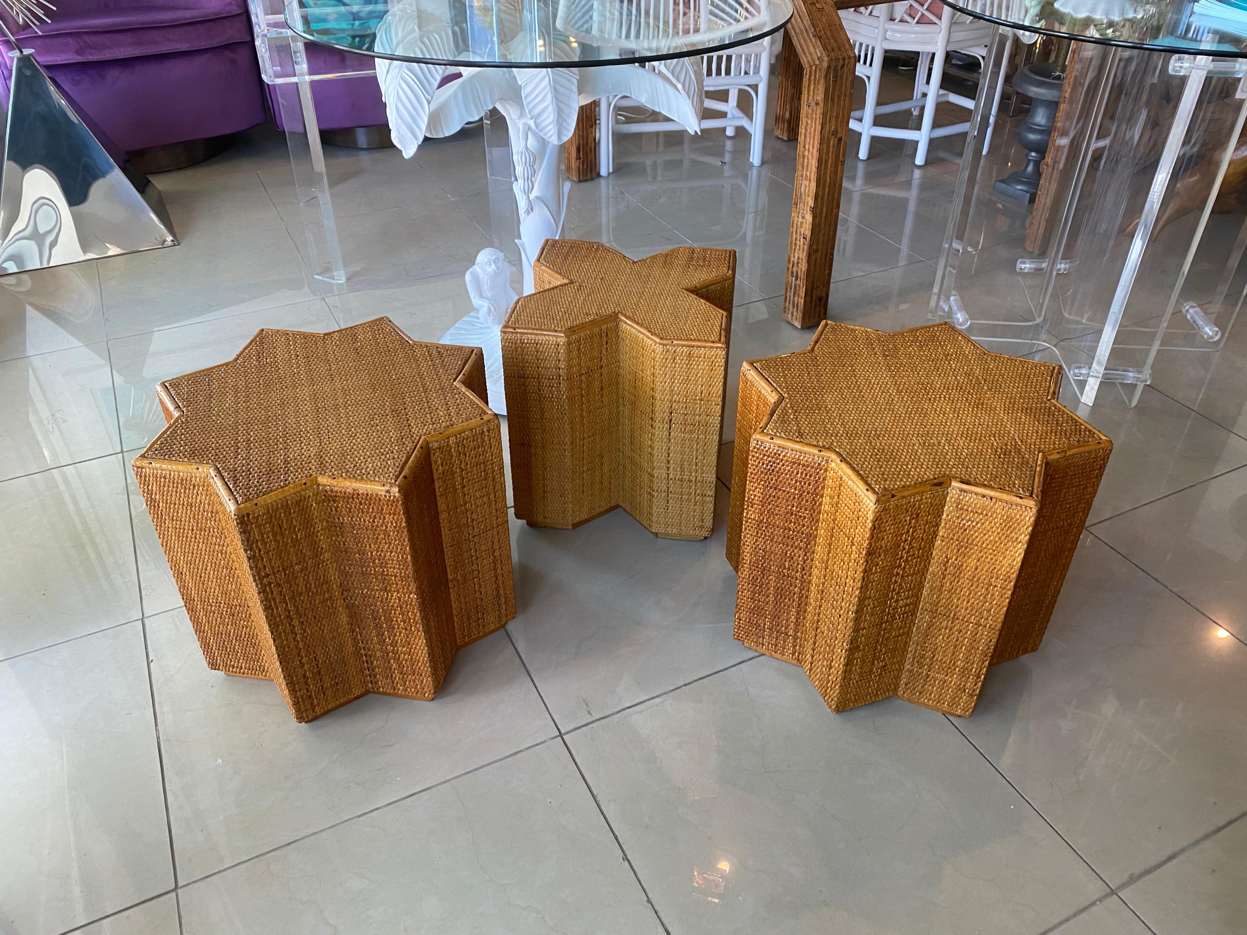 Hollywood Regency Vivai Del Sud Bamboo Rattan Woven Wicker End Side Coffee Tables Italian Set of 3