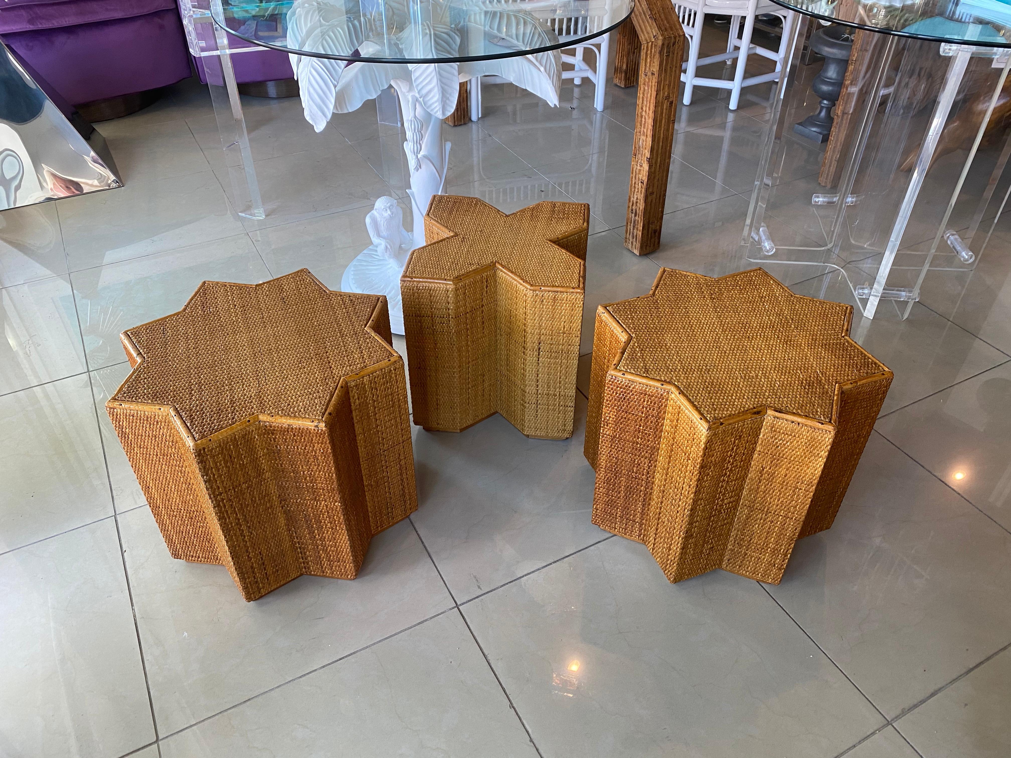 Vivai Del Sud Bamboo Rattan Woven Wicker End Side Coffee Tables Italian Set of 3 In Good Condition In West Palm Beach, FL