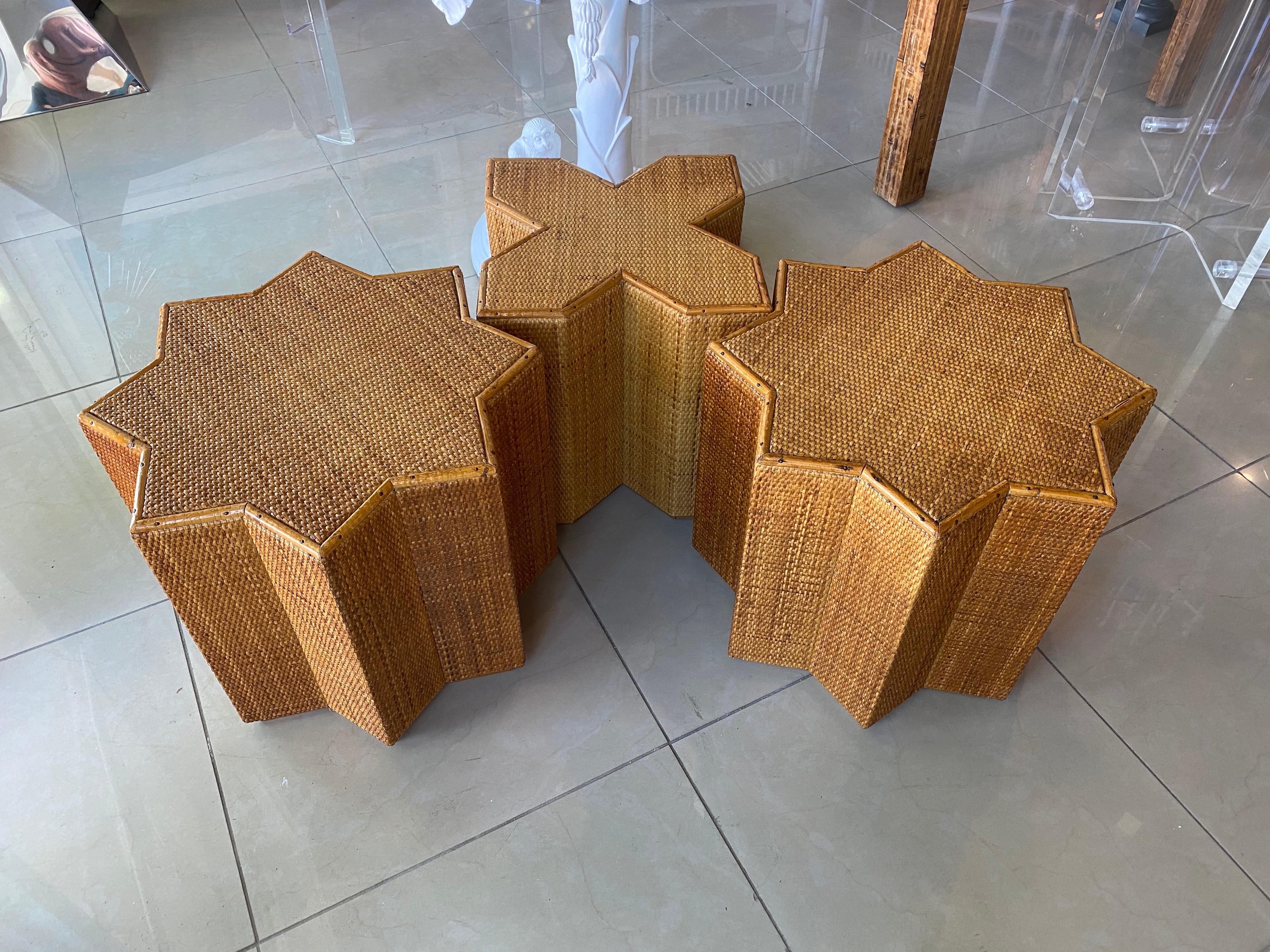 Vivai Del Sud Bamboo Rattan Woven Wicker End Side Coffee Tables Italian Set of 3 4