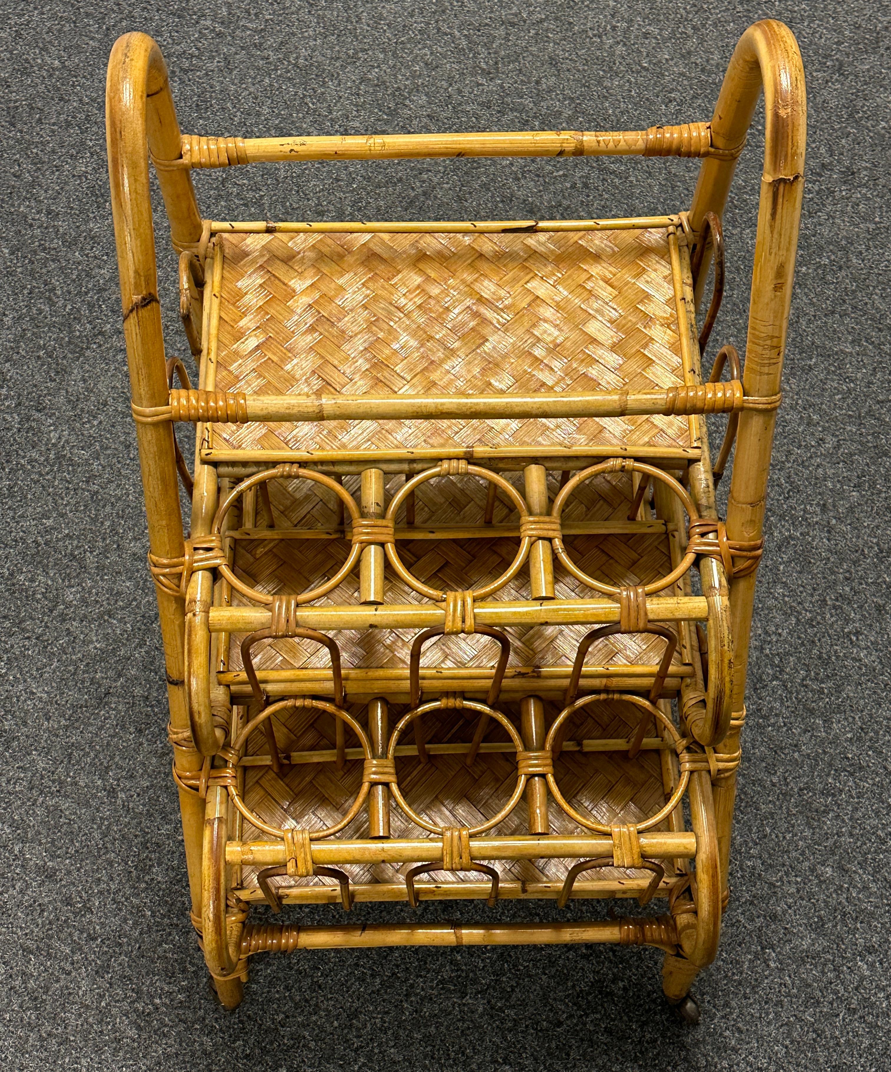 Vivai del Sud Bamboo Wicker Bar Cart Drinks Vine Bottle Stand, Vintage Italy For Sale 8