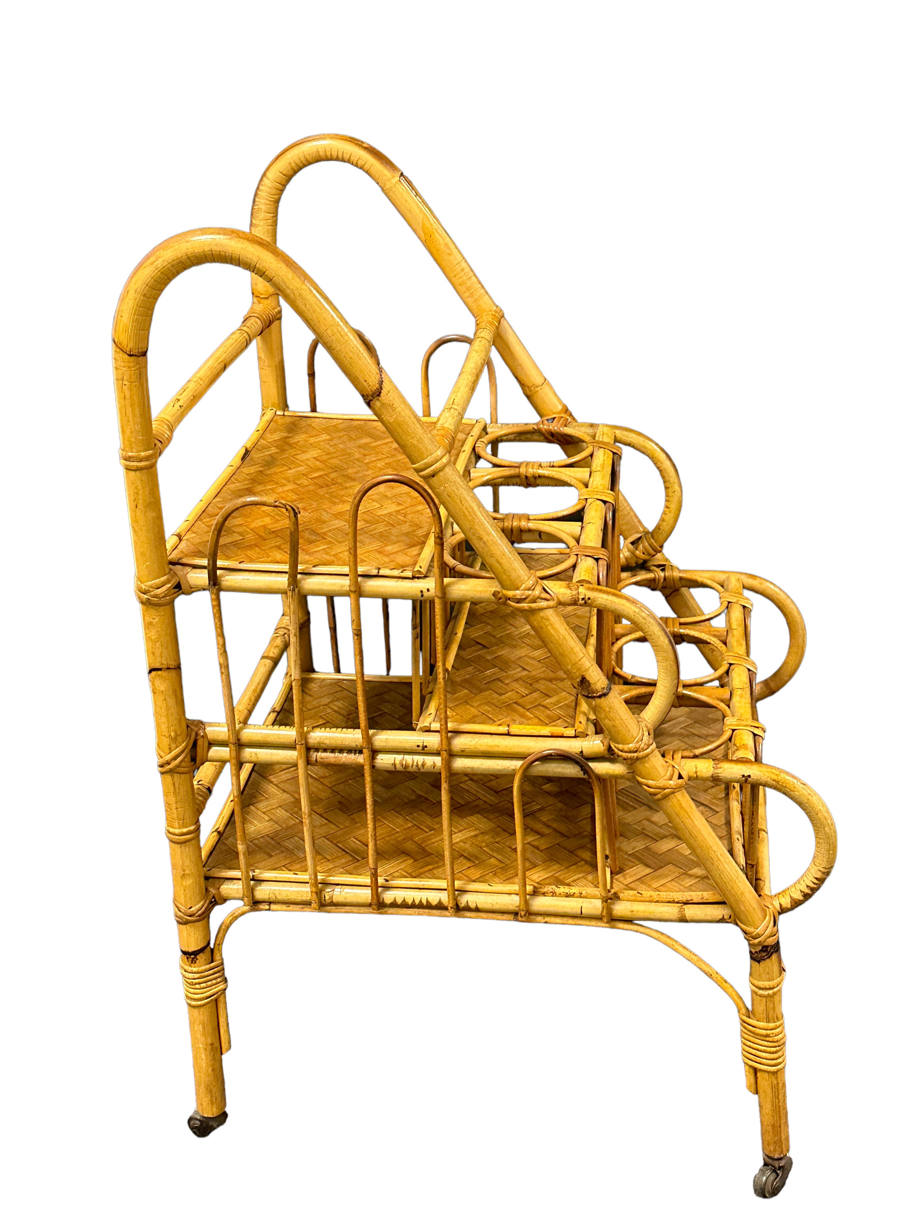 Mid-Century Modern Vivai del Sud Bamboo Wicker Bar Cart Drinks Vine Bottle Stand, Vintage Italy For Sale