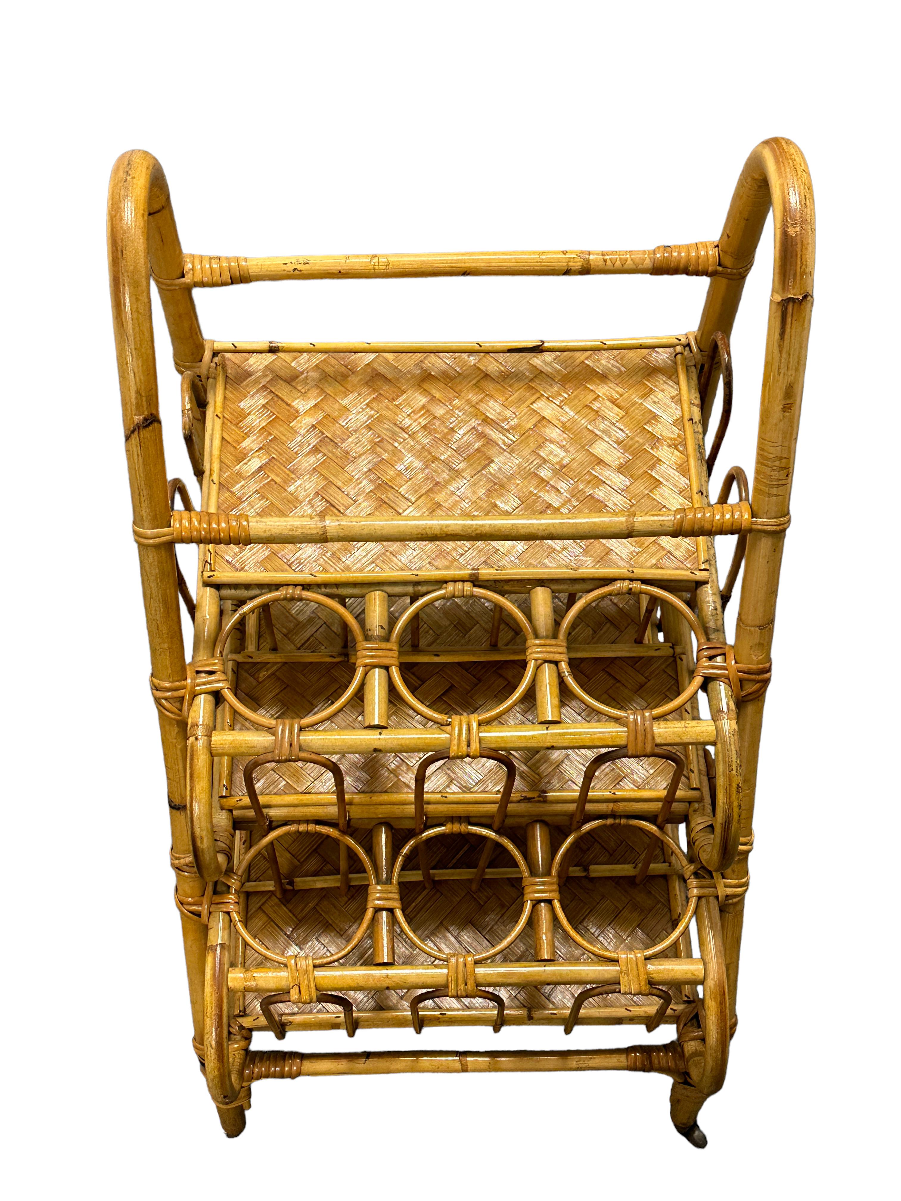 Vivai del Sud Bamboo Wicker Bar Cart Drinks Vine Bottle Stand, Vintage Italy For Sale 1