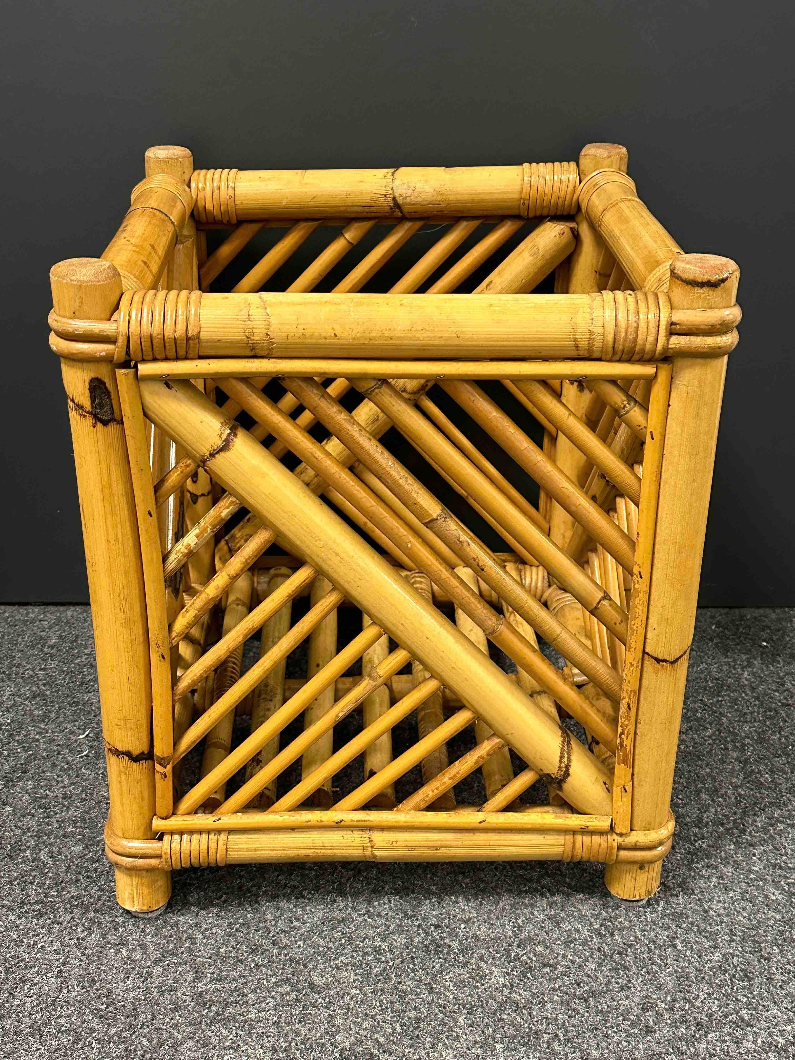 Hollywood Regency Vivai Del Sud Bamboo Wicker Vintage Pot Cache Plant Holder or Waist Basket 1970s For Sale