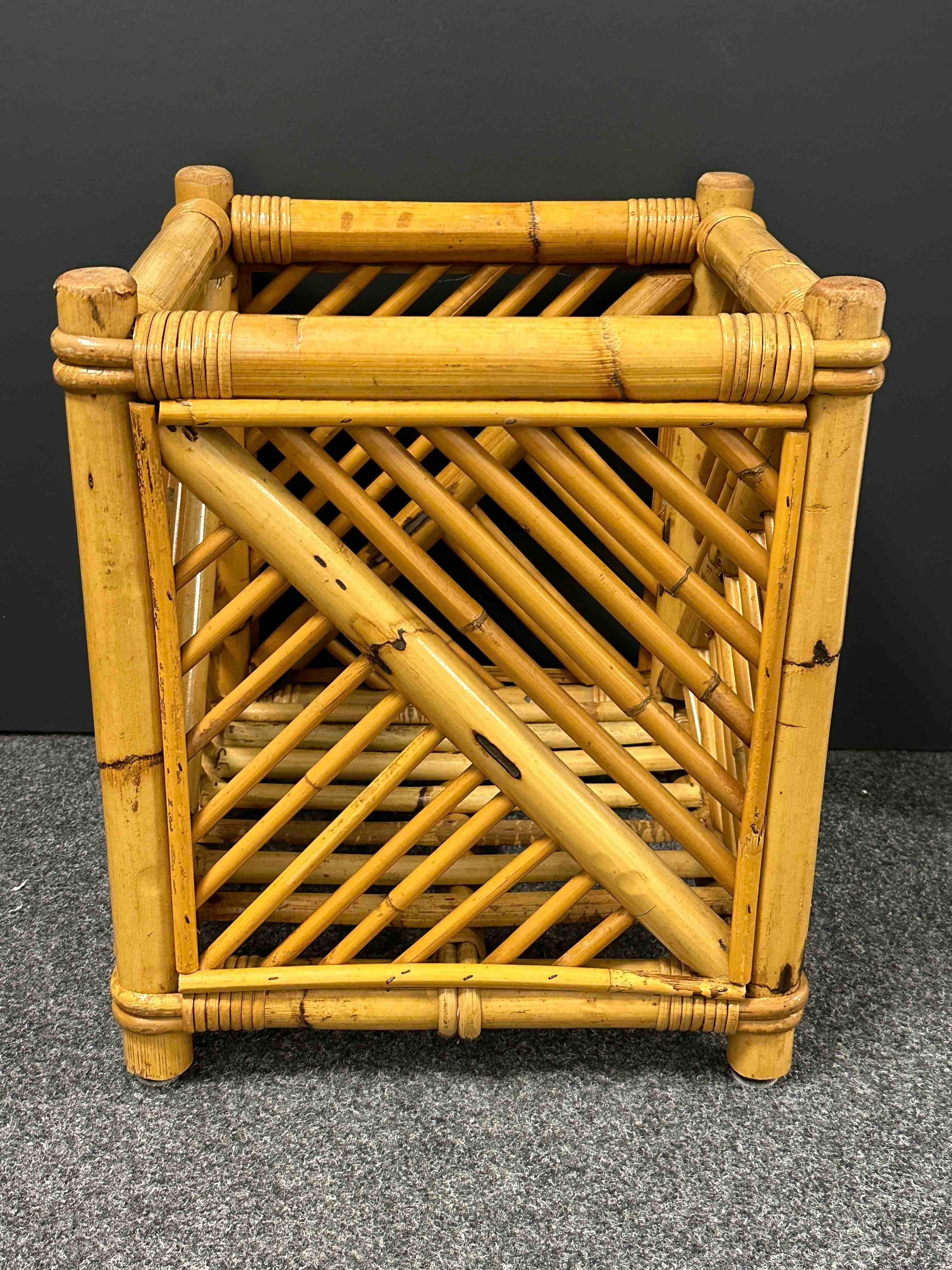 Italian Vivai Del Sud Bamboo Wicker Vintage Pot Cache Plant Holder or Waist Basket 1970s For Sale