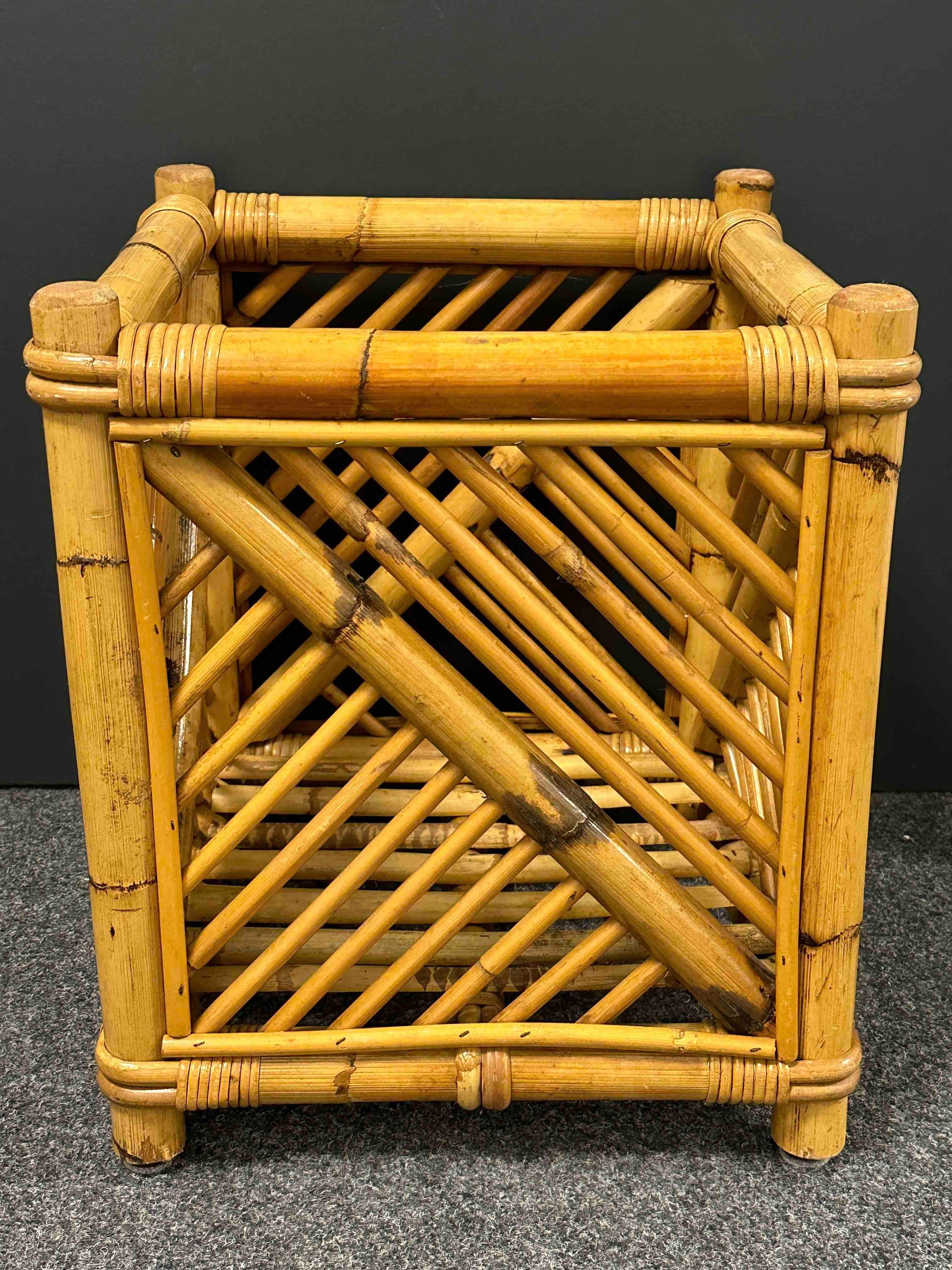 Vivai Del Sud Bamboo Wicker Vintage Pot Cache Plant Holder or Waist Basket 1970s For Sale 1