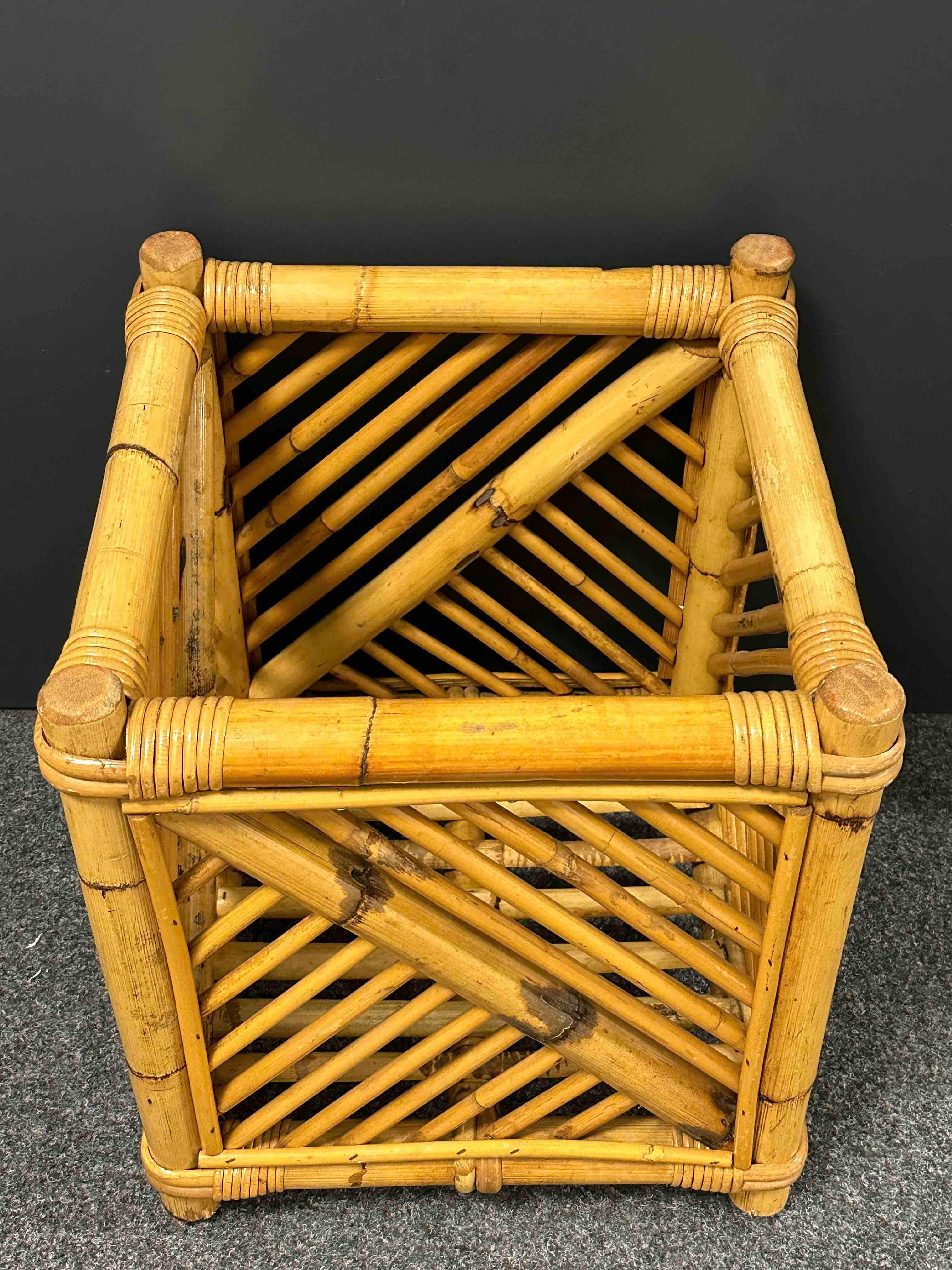 Vivai Del Sud Bamboo Wicker Vintage Pot Cache Plant Holder or Waist Basket 1970s For Sale 2