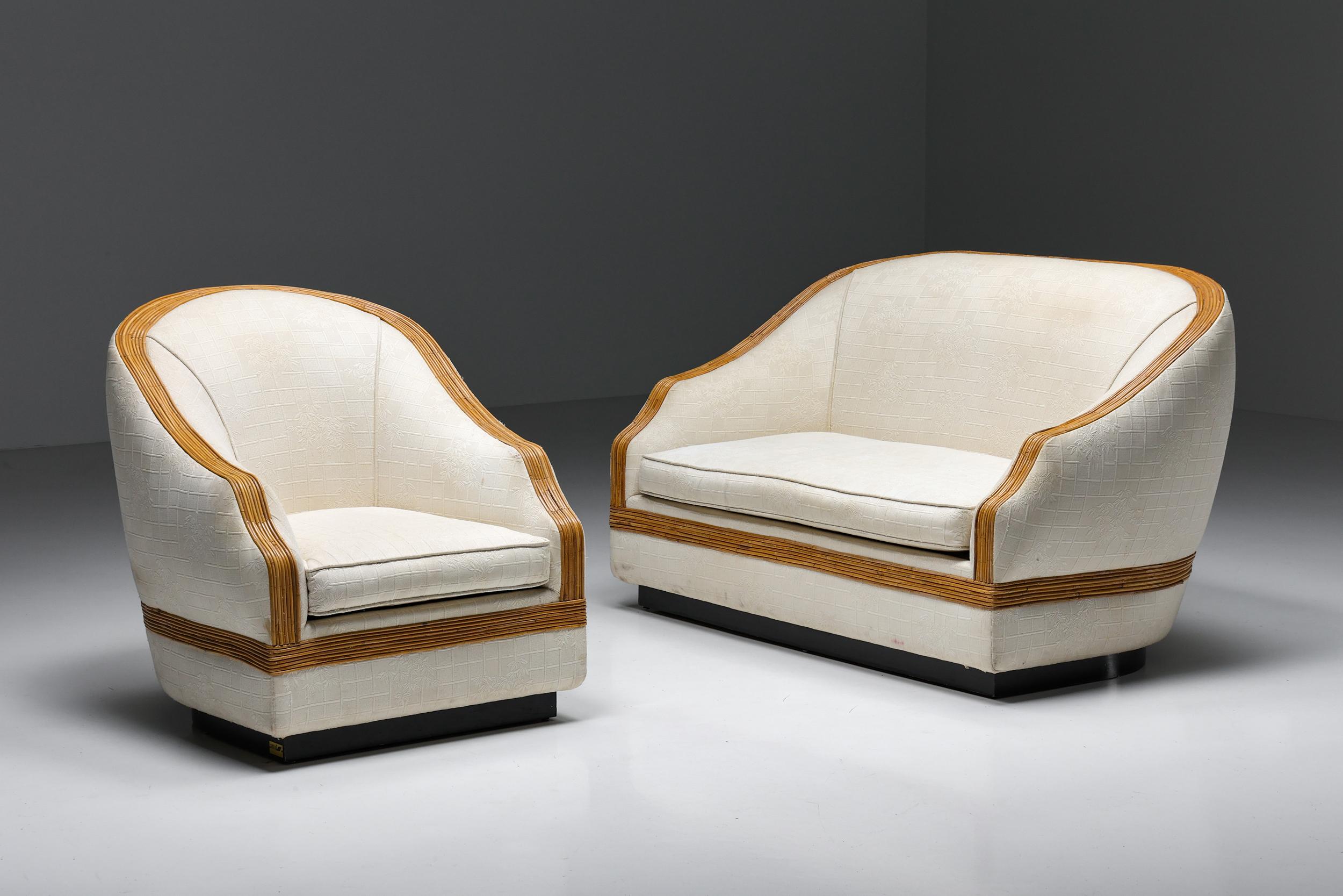 Vivai del Sud Bergère Chair, Italian Tropicalist Style, Rattan, Silk, 1970's For Sale 7