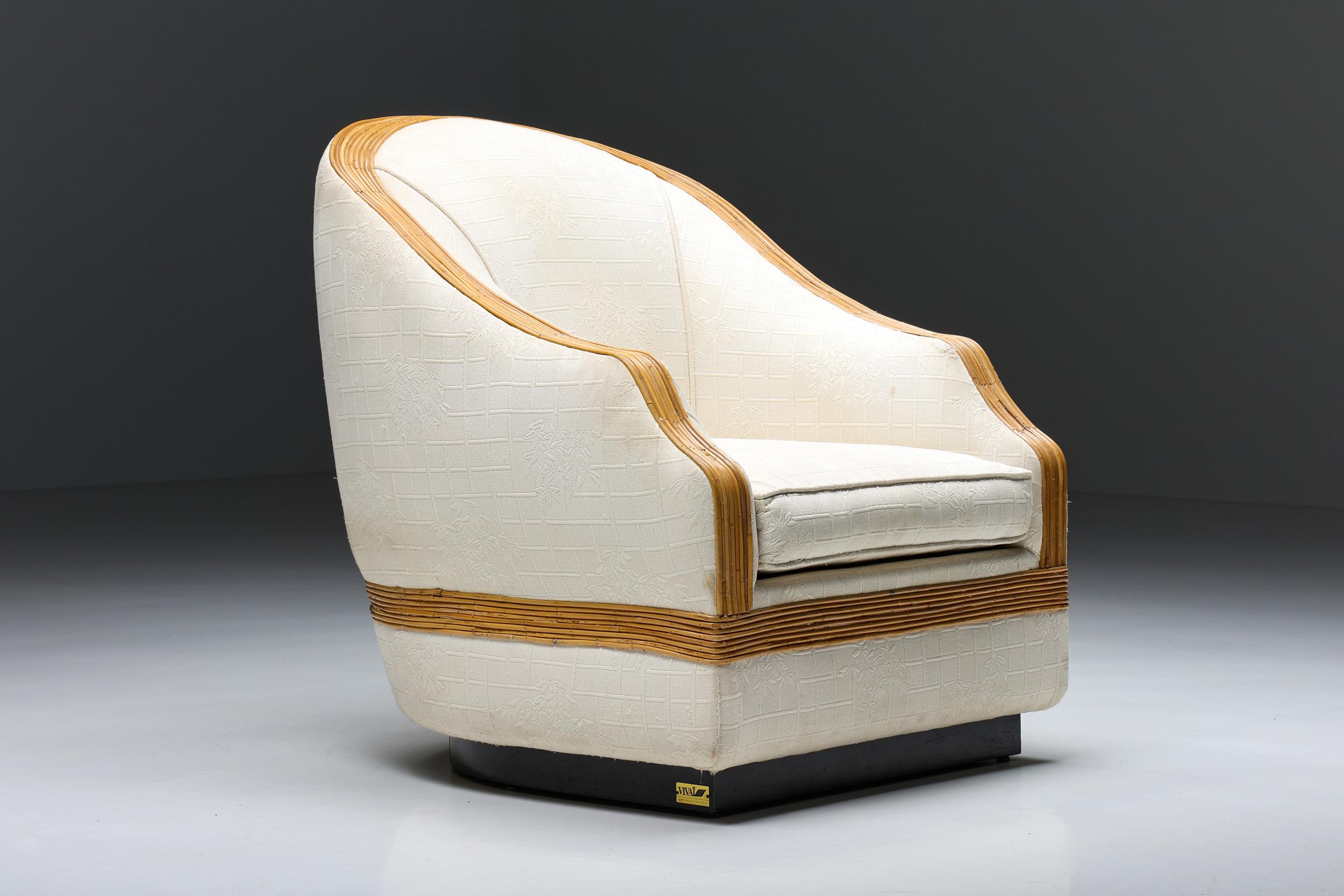 Hollywood Regency Vivai del Sud Bergère Chair, Italian Tropicalist Style, Rattan, Silk, 1970's